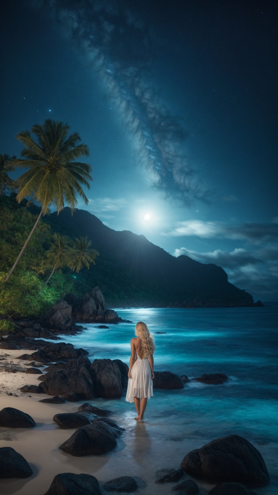Woman on the beach at night with starry sky