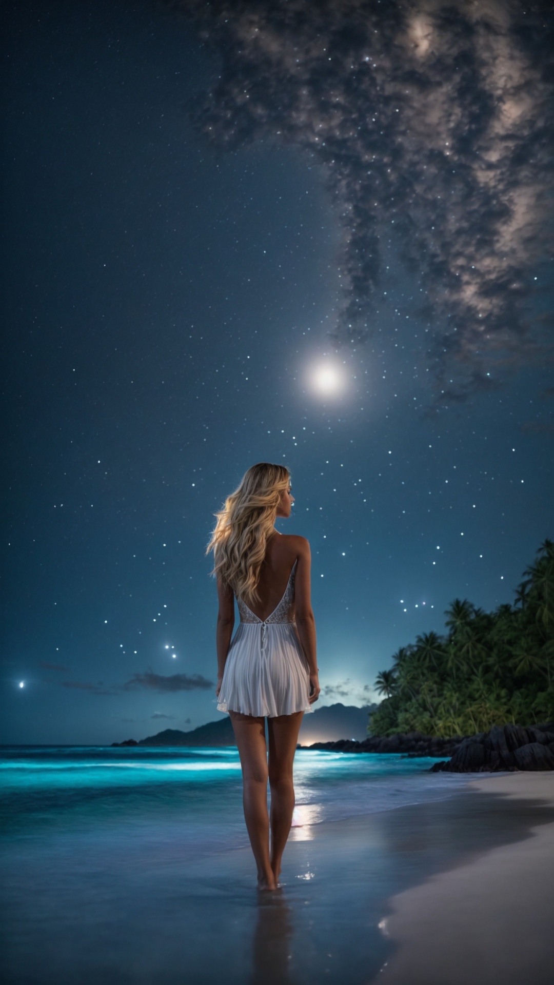 Woman on the beach at night with starry sky