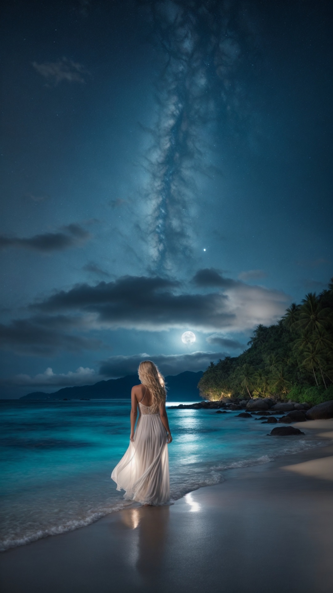 Woman on the beach at night with starry sky
