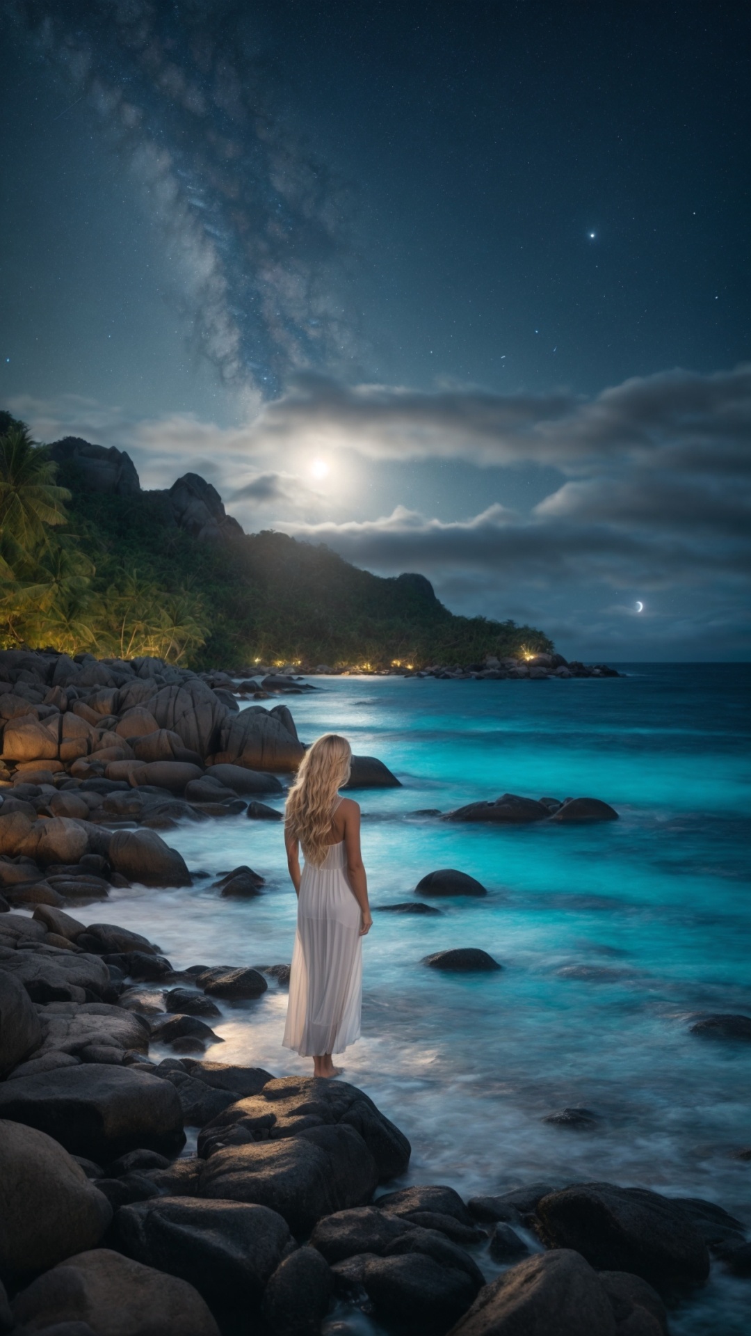 Woman on the beach at night with starry sky