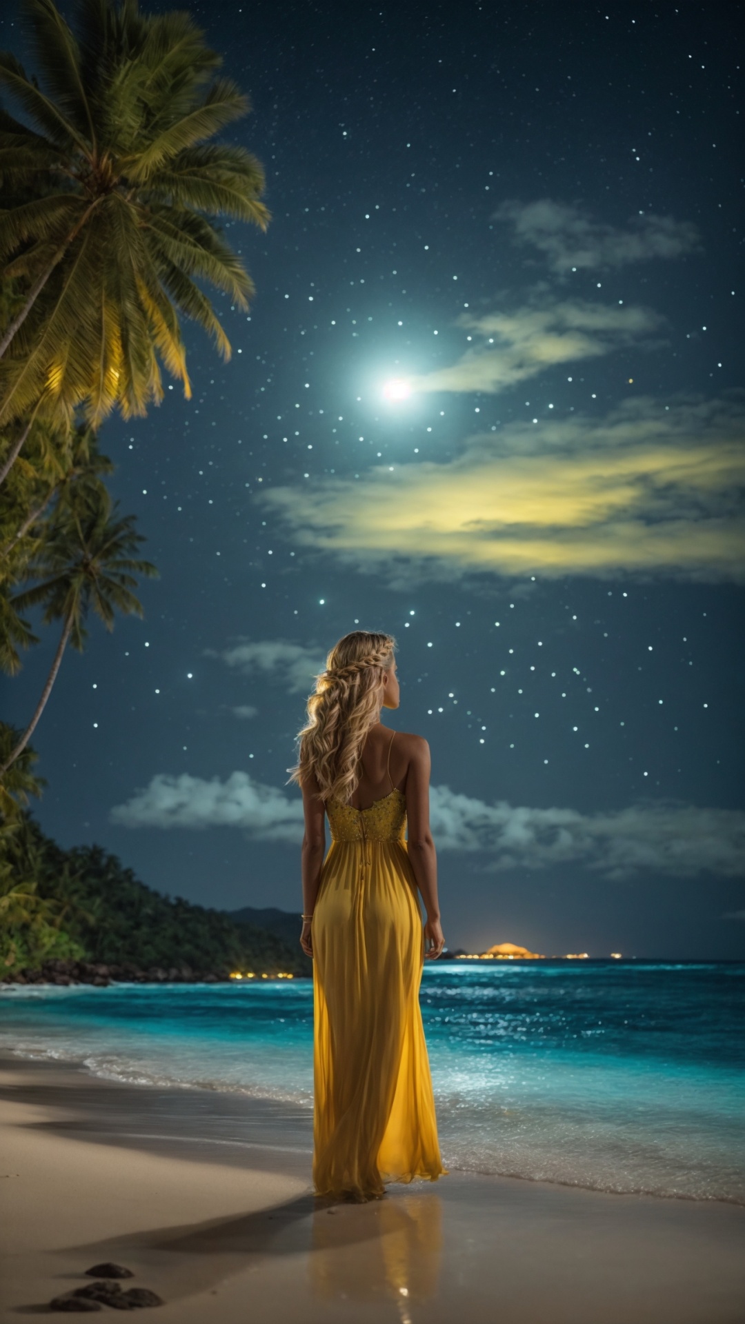 Woman on the beach at night with starry sky