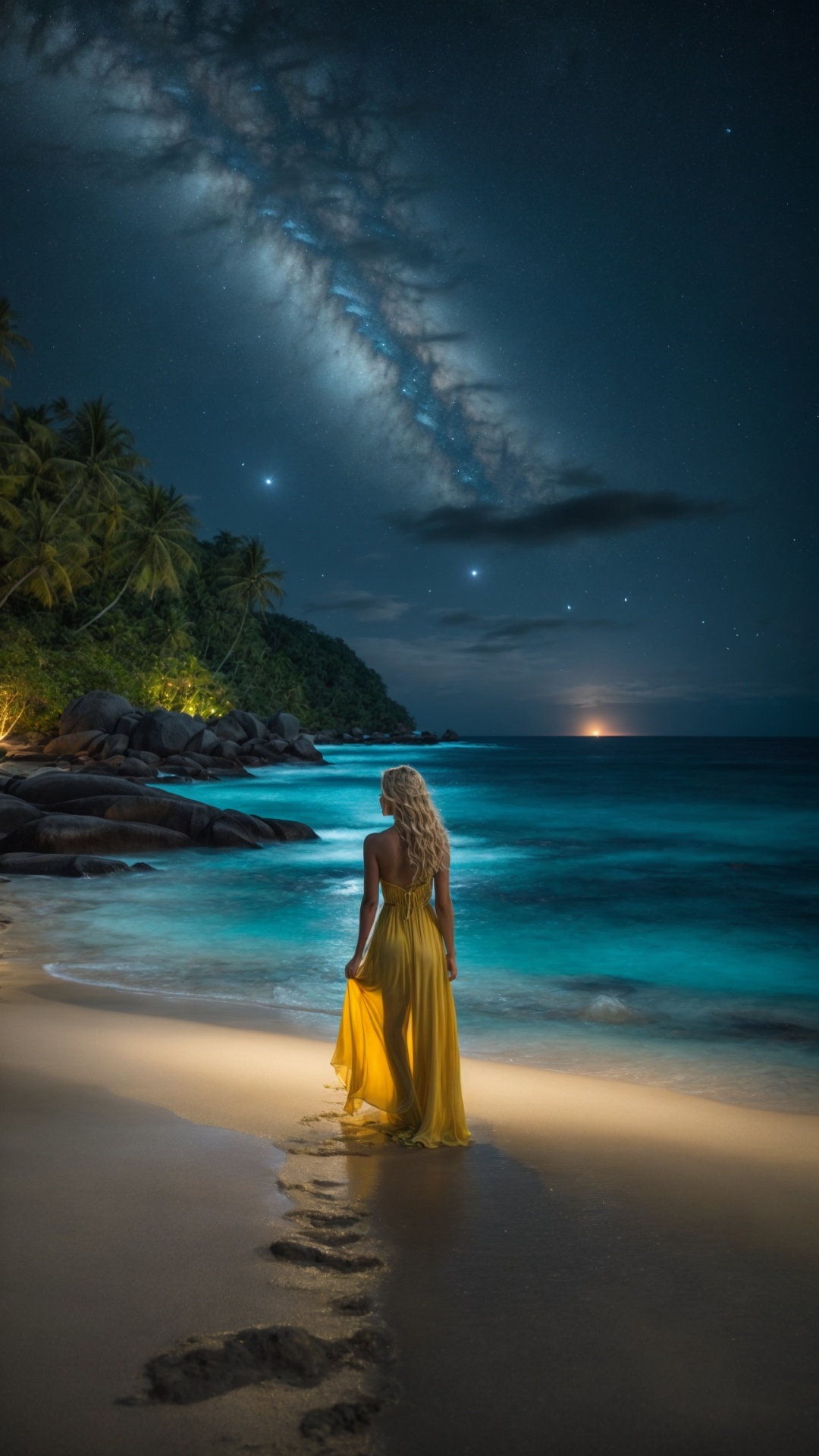 Woman on the beach at night with starry sky