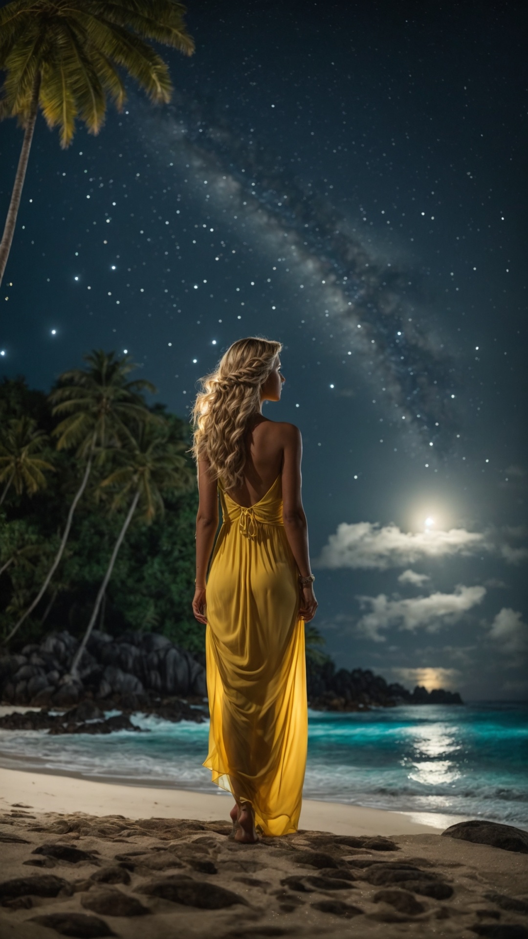 Woman on the beach at night with starry sky
