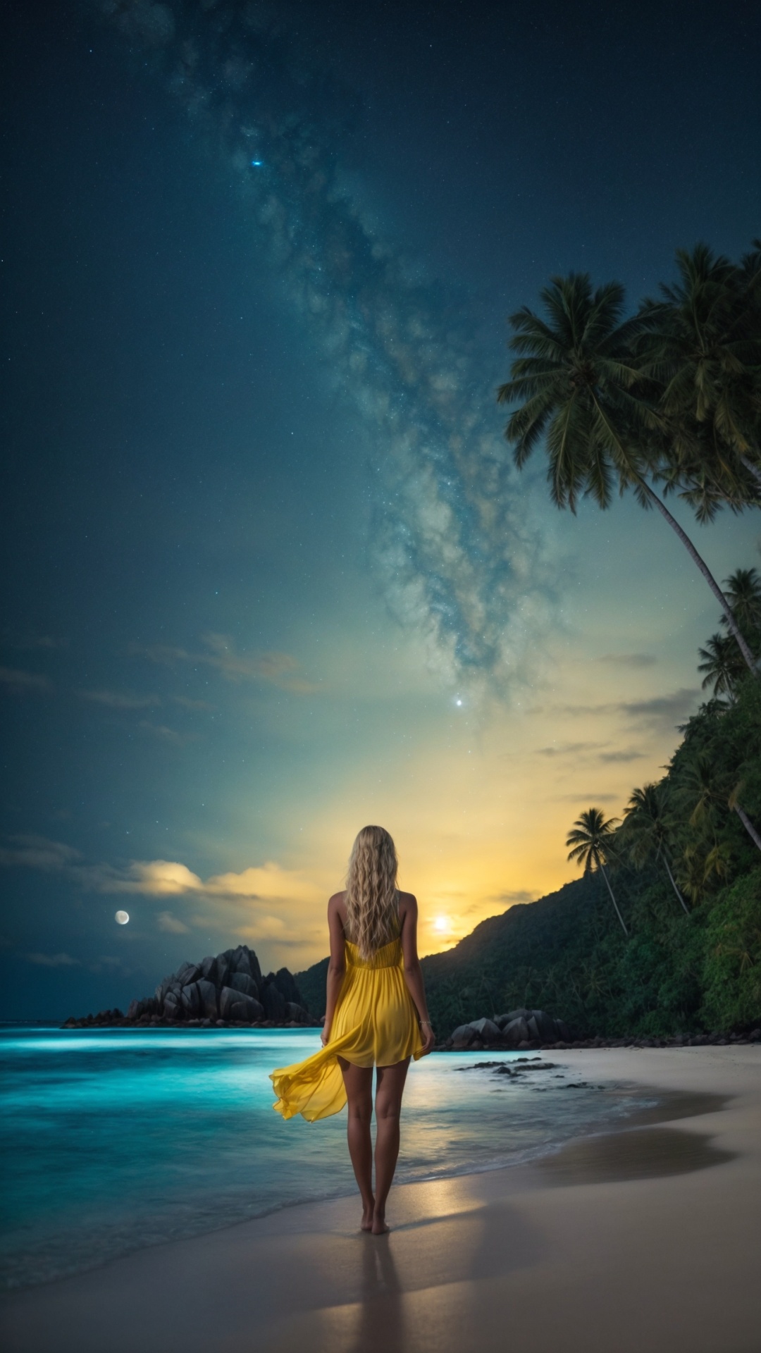 Woman on the beach at night with starry sky