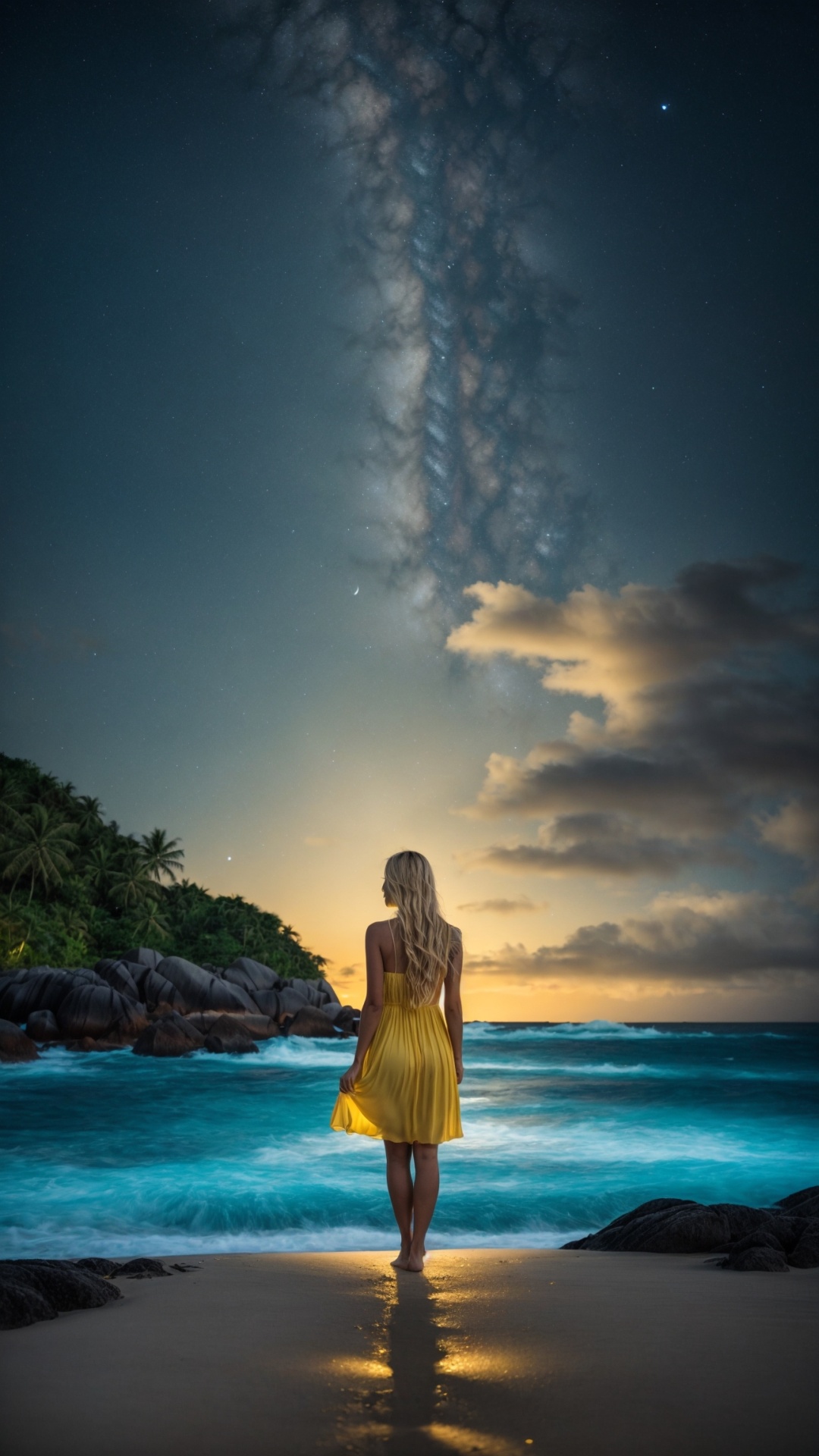 Woman on the beach at night with starry sky