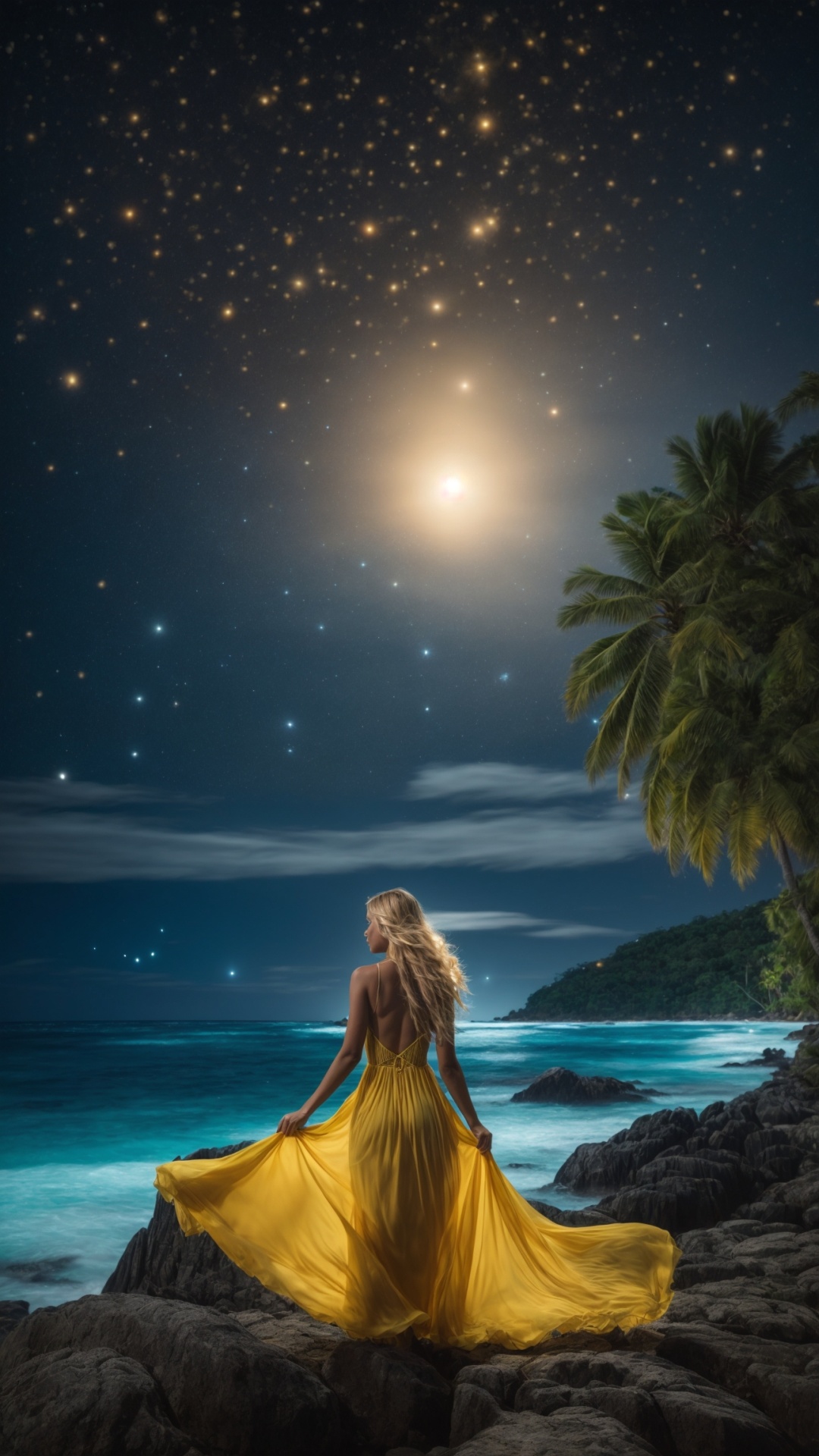 Woman on the beach at night with starry sky