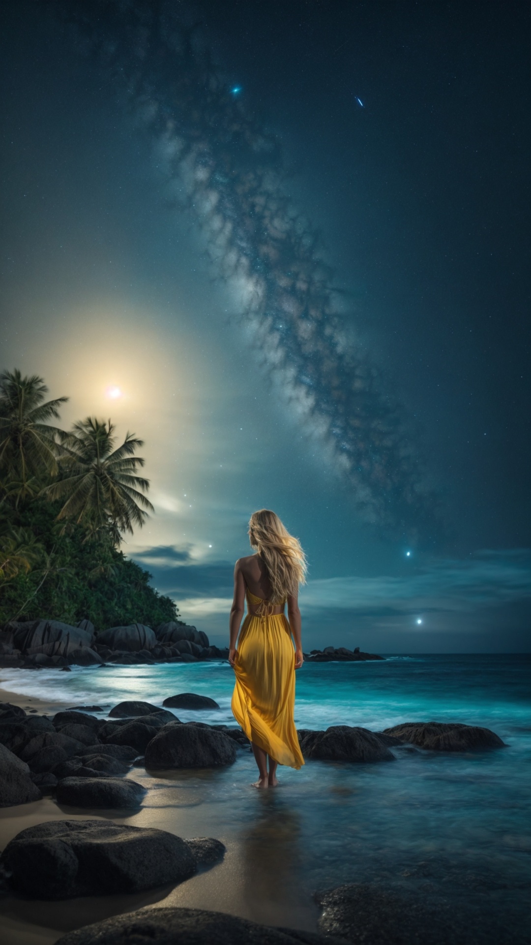 Woman on the beach at night with starry sky