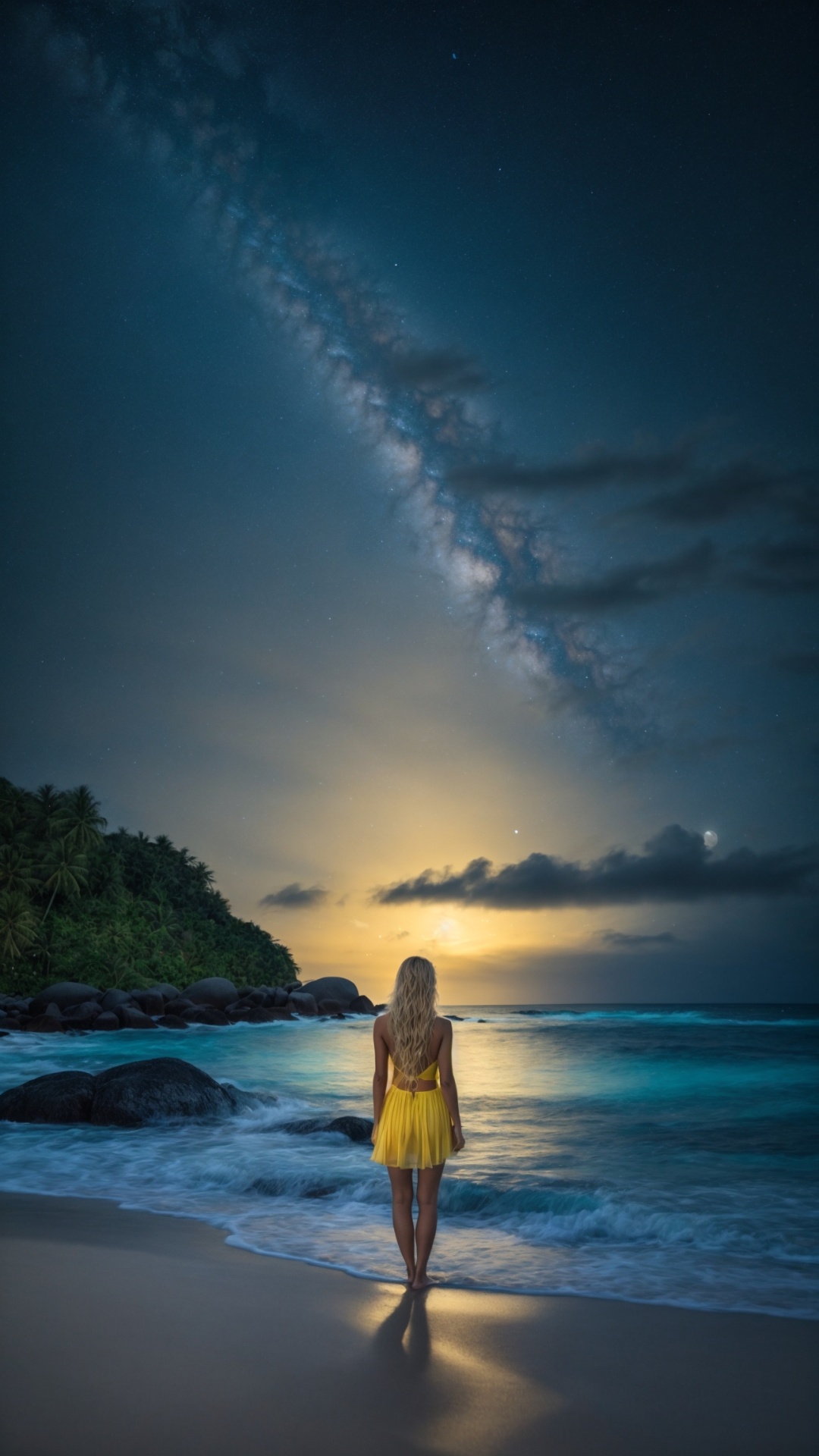 Woman on the beach at night with starry sky