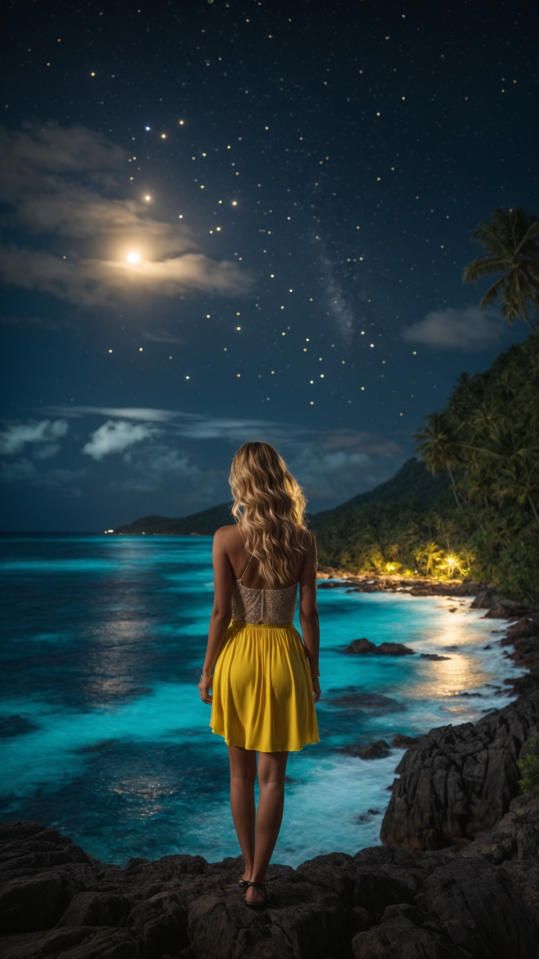 Woman on the beach at night with starry sky