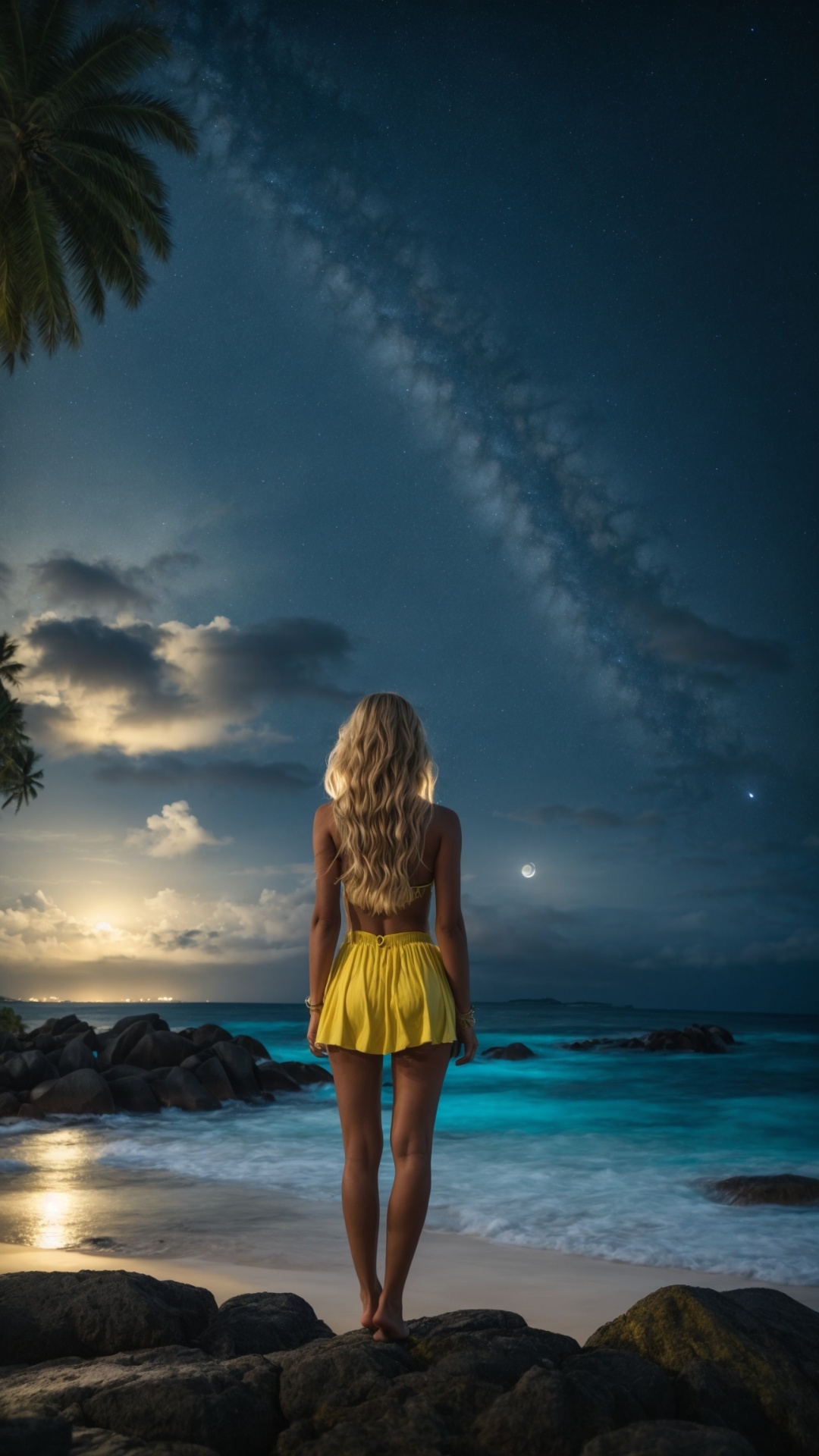 Woman on the beach at night with starry sky