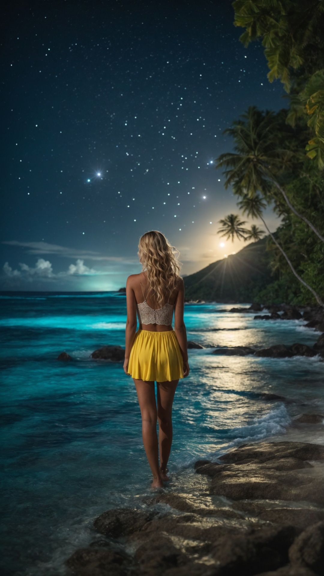 Woman on the beach at night with starry sky