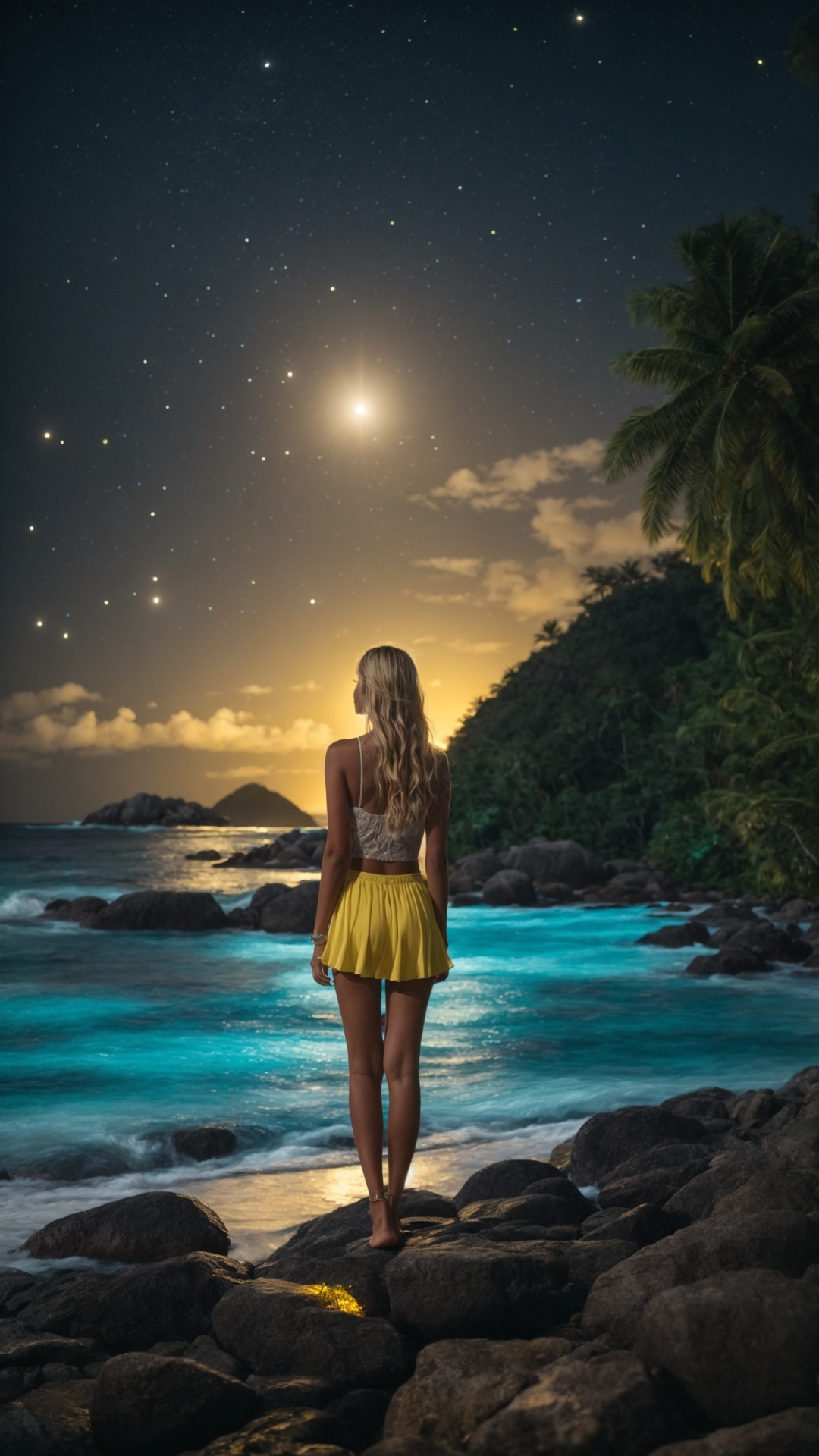 Woman on the beach at night with starry sky