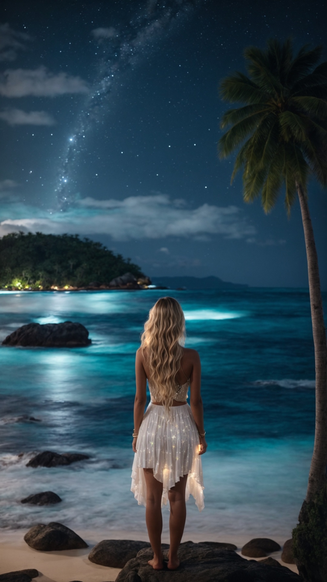 Woman on the beach at night with starry sky