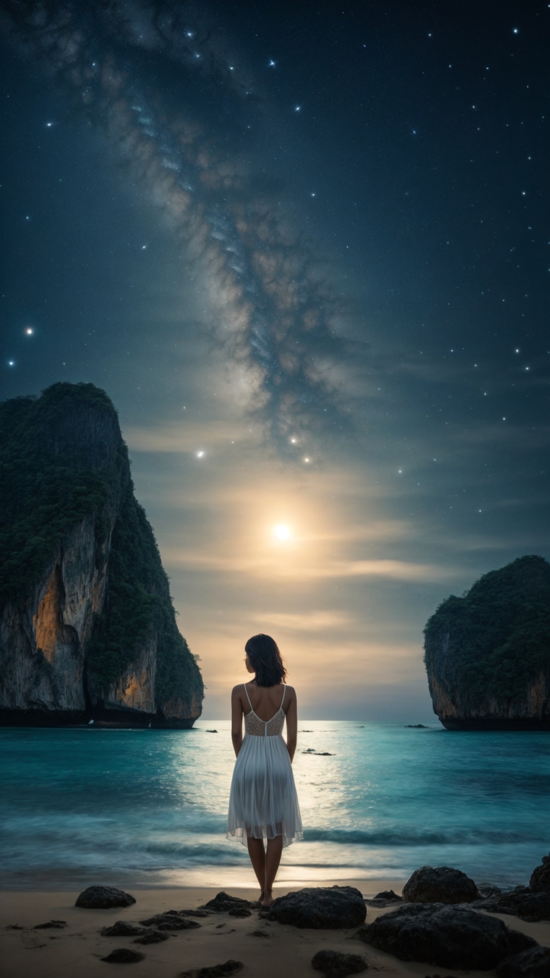 Woman on the beach at night with starry sky