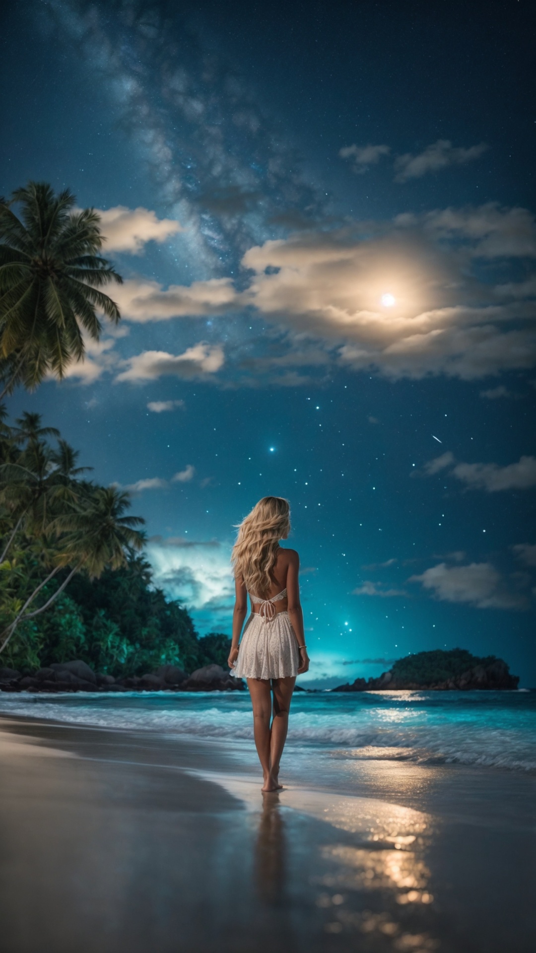 Woman on the beach at night with starry sky