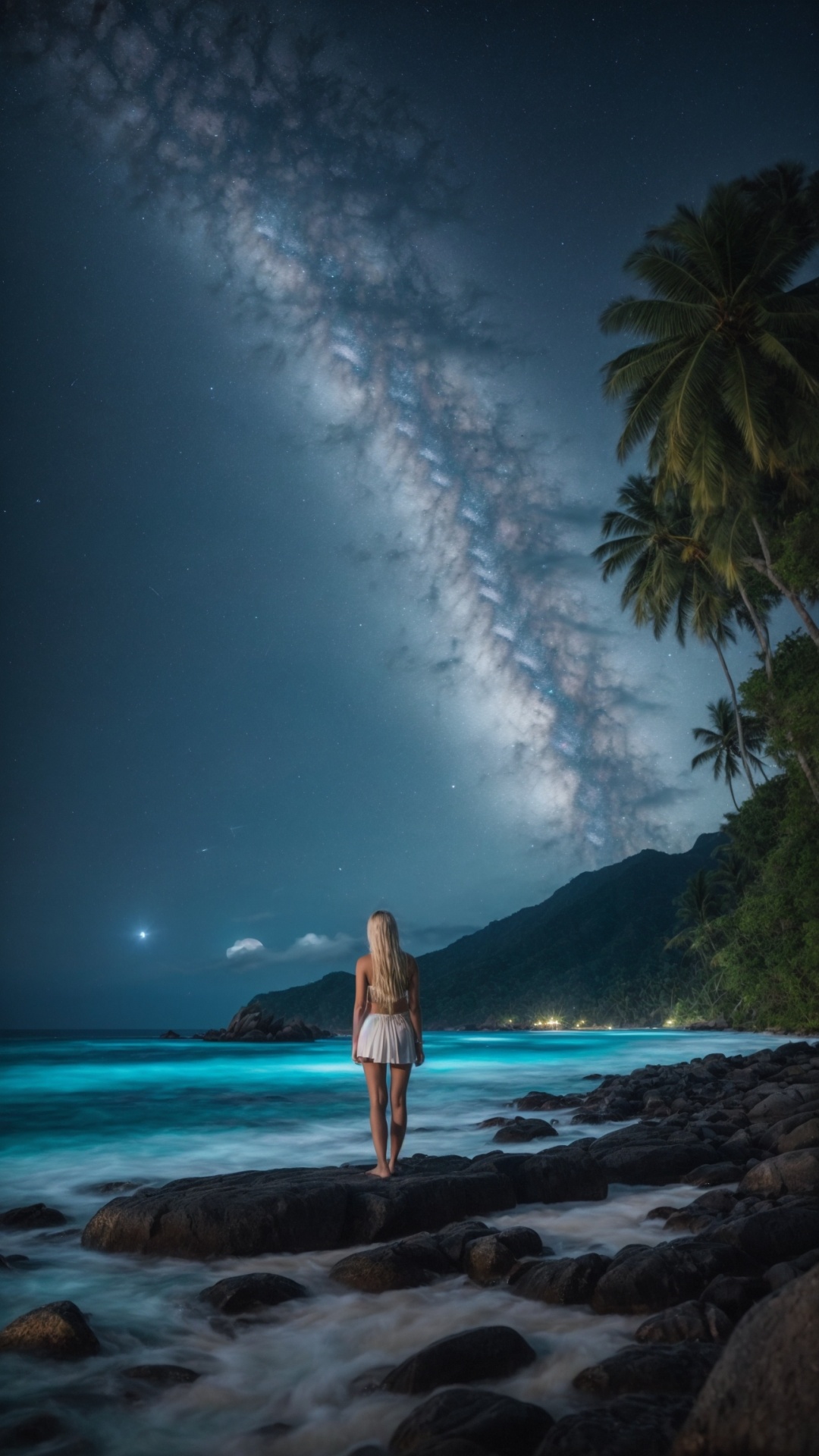 Woman on the beach at night with starry sky