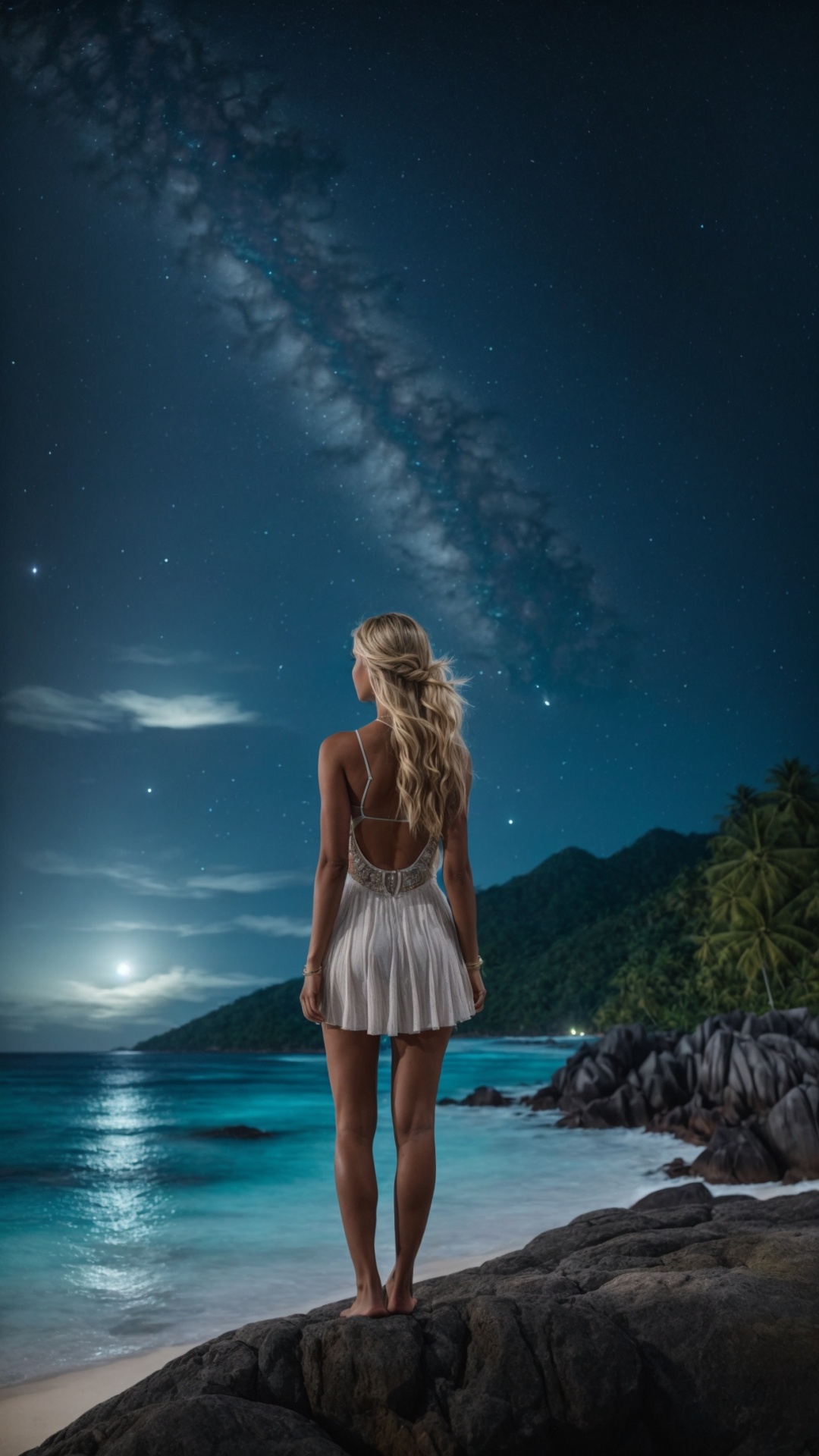 Woman on the beach at night with starry sky