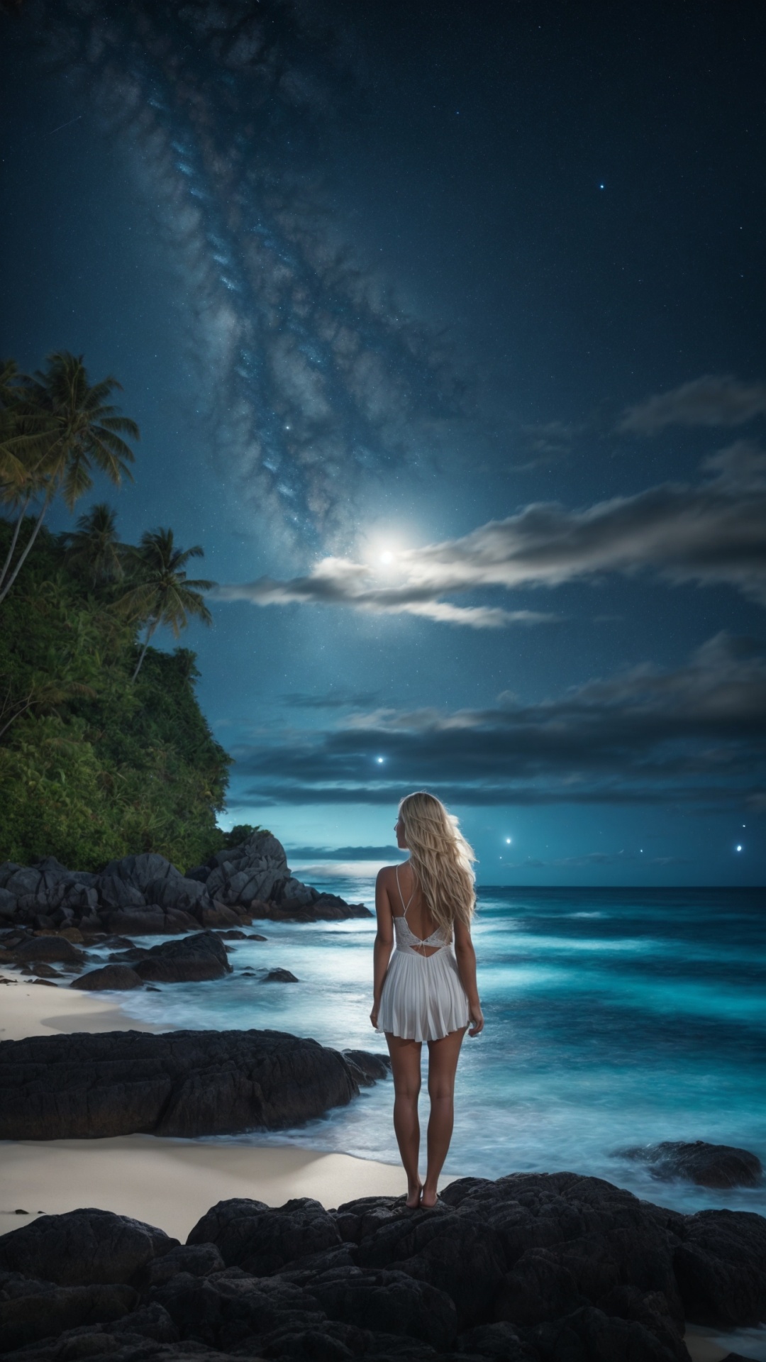 Woman on the beach at night with starry sky