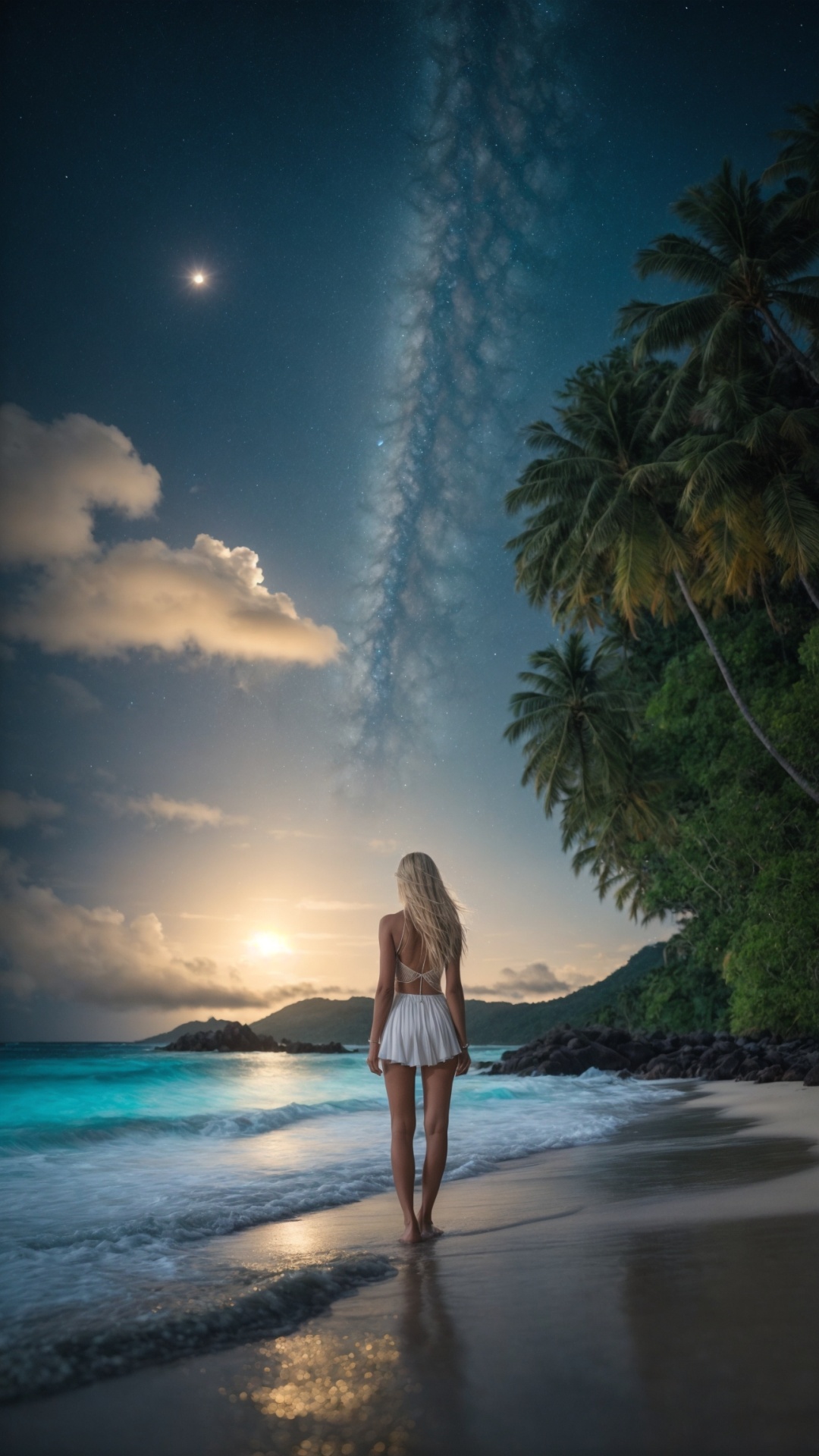 Woman on the beach at night with starry sky