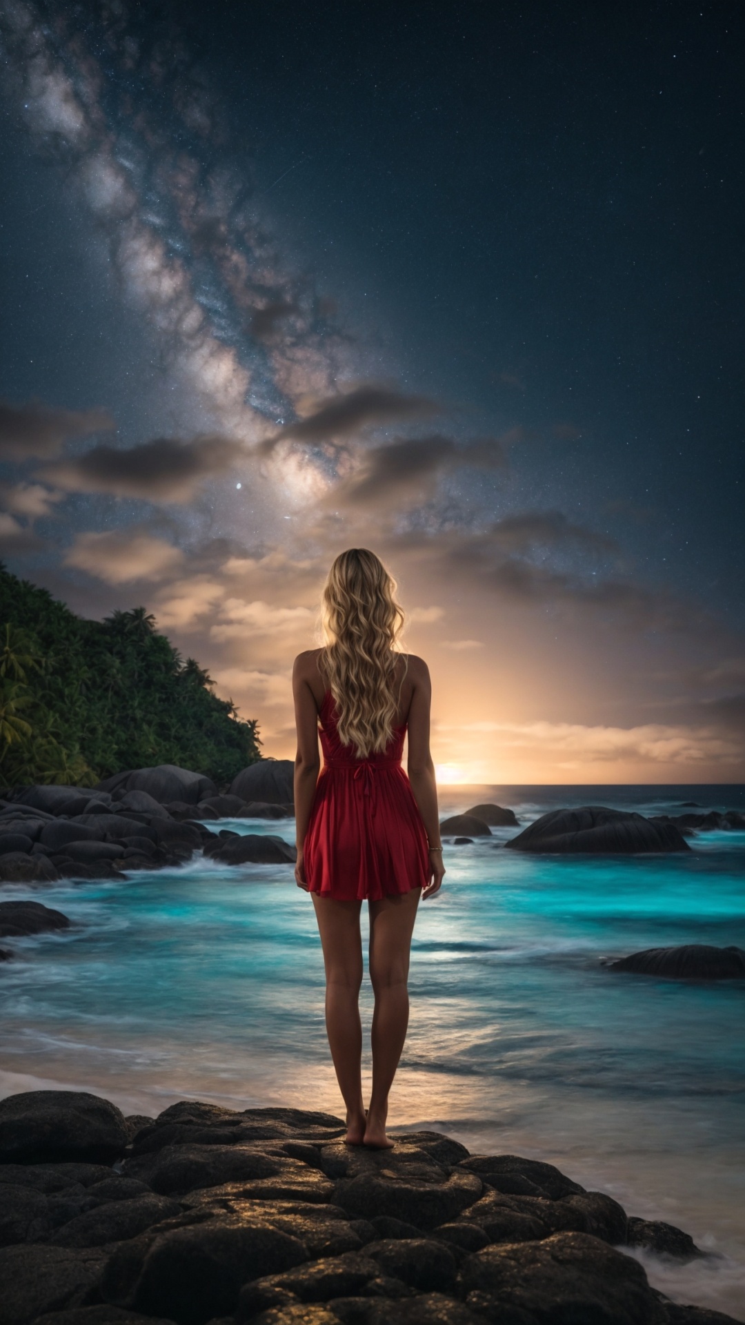 Woman on the beach at night with starry sky