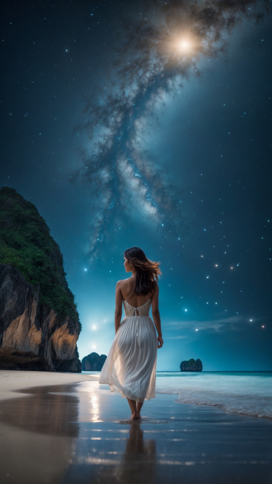 Woman on the beach at night with starry sky