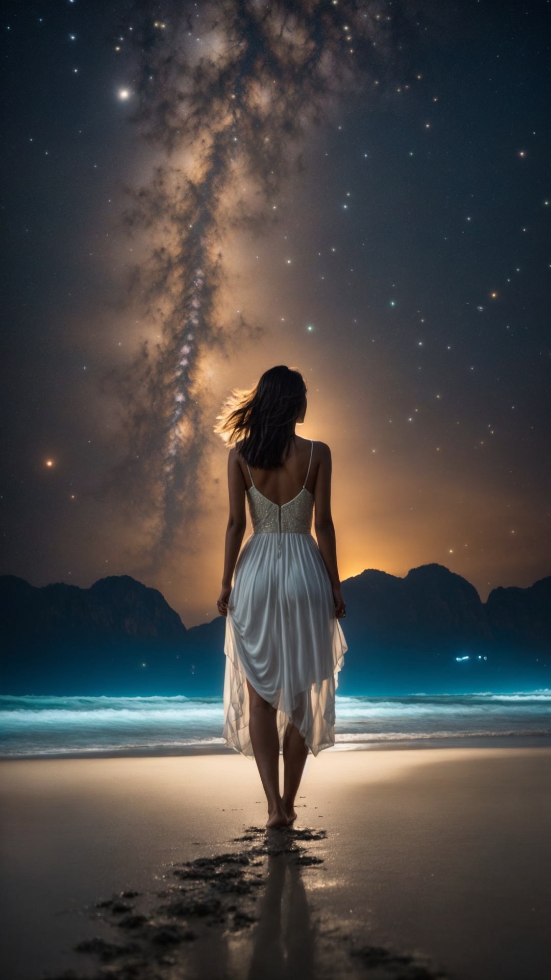 Woman on the beach at night with starry sky