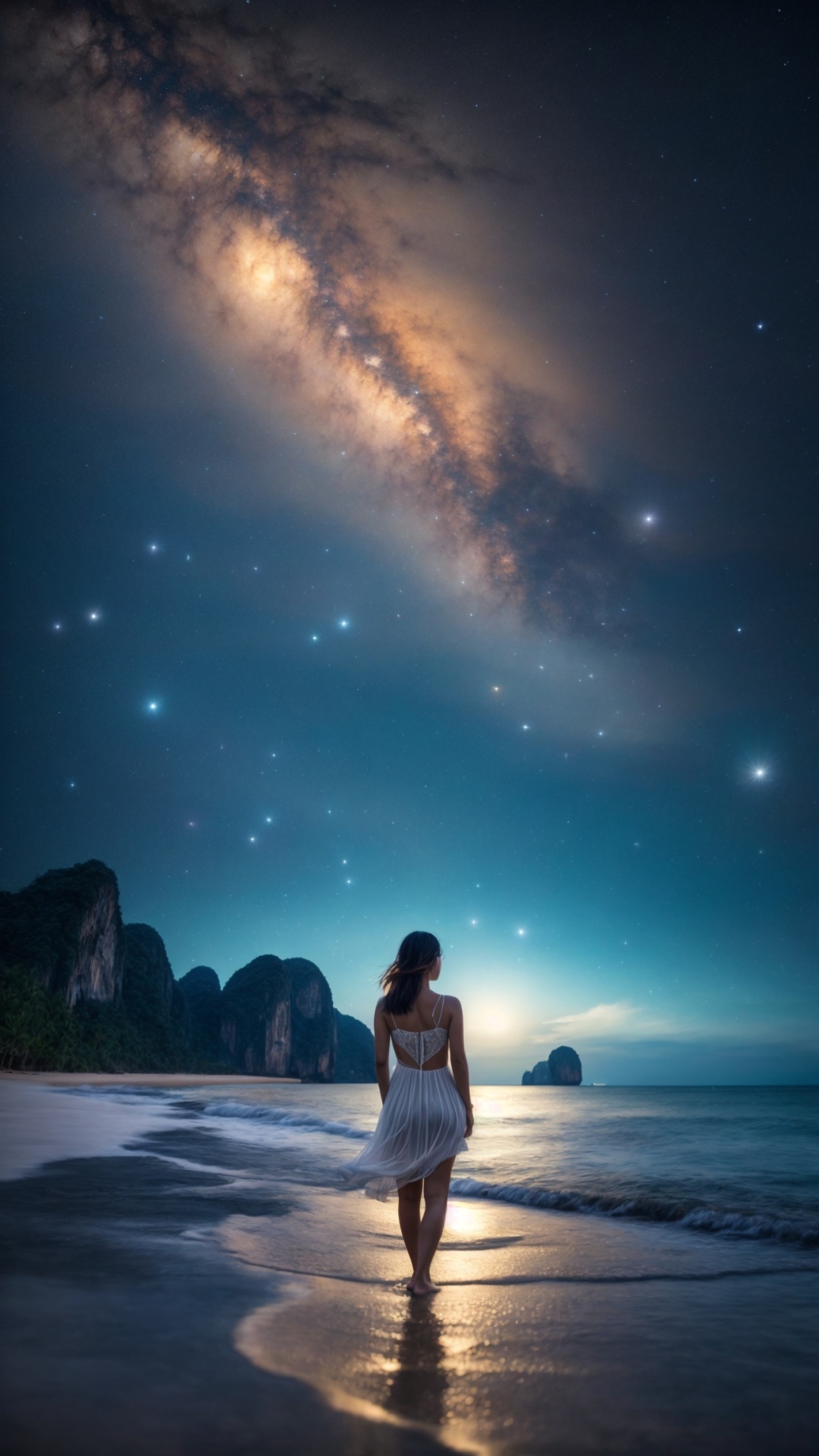 Woman on the beach at night with starry sky