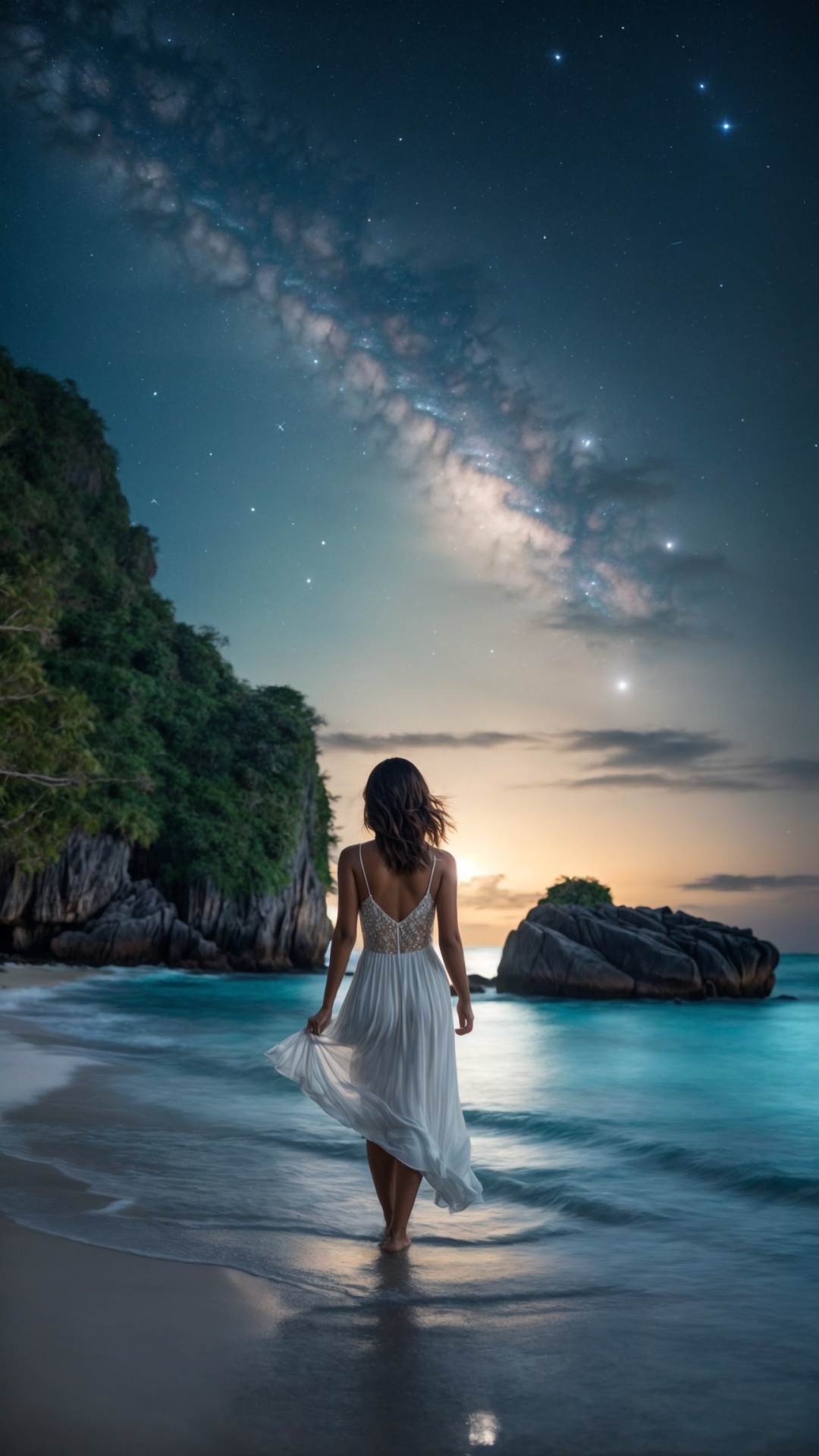 Woman on the beach at night with starry sky