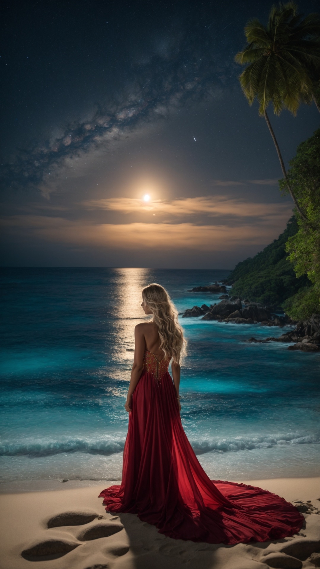 Woman on the beach at night with starry sky