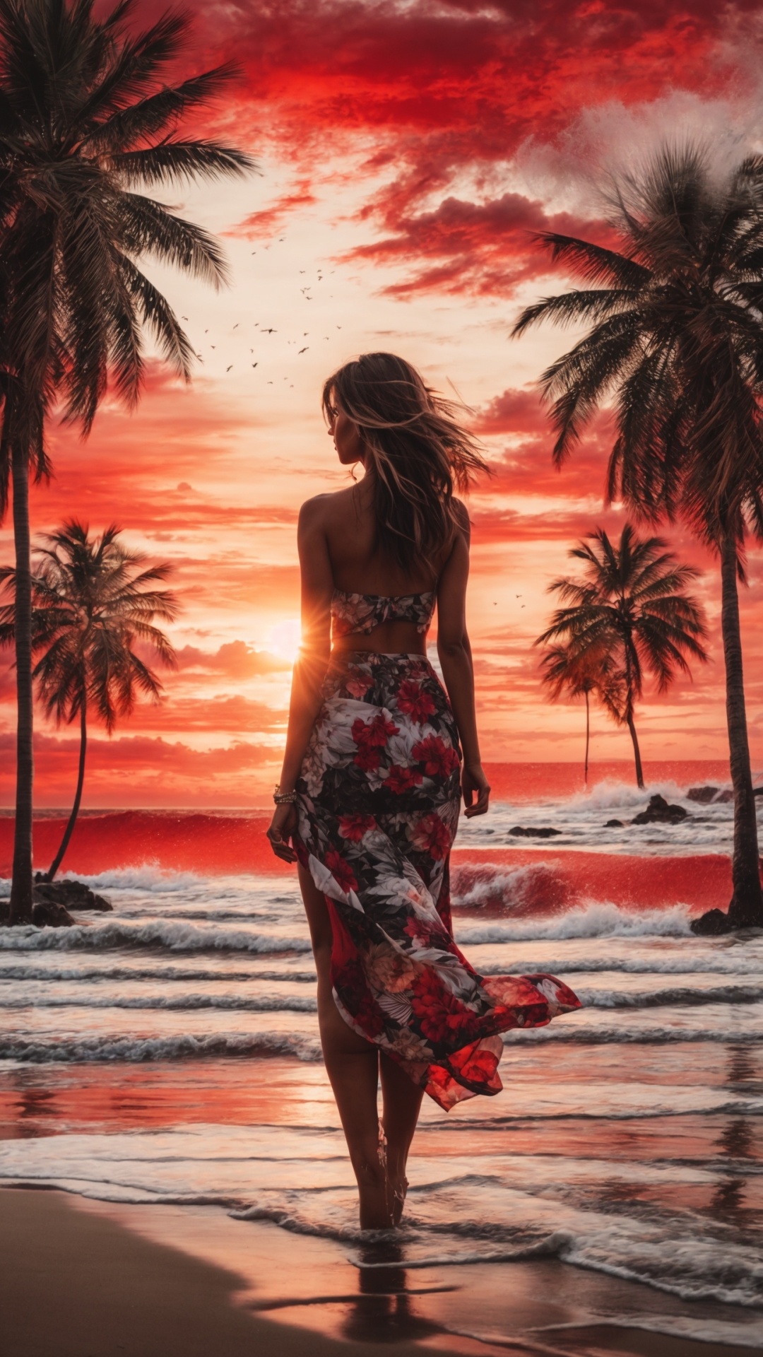 Woman on palm beach at magical sunset