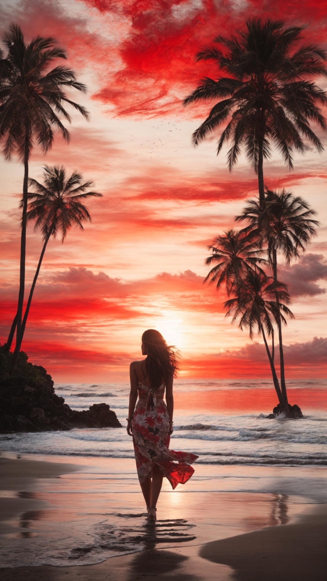 Woman on palm beach at magical sunset