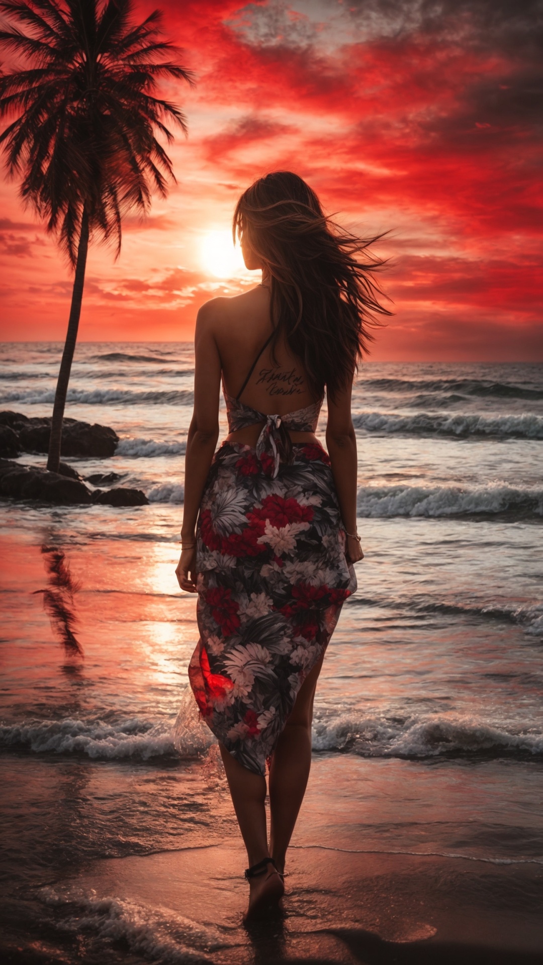 Woman on palm beach at magical sunset