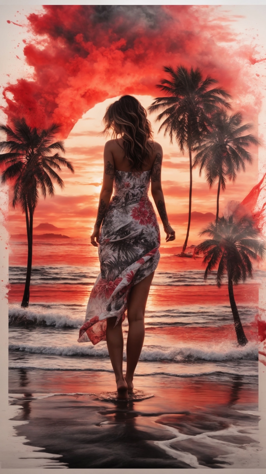 Woman on palm beach at magical sunset