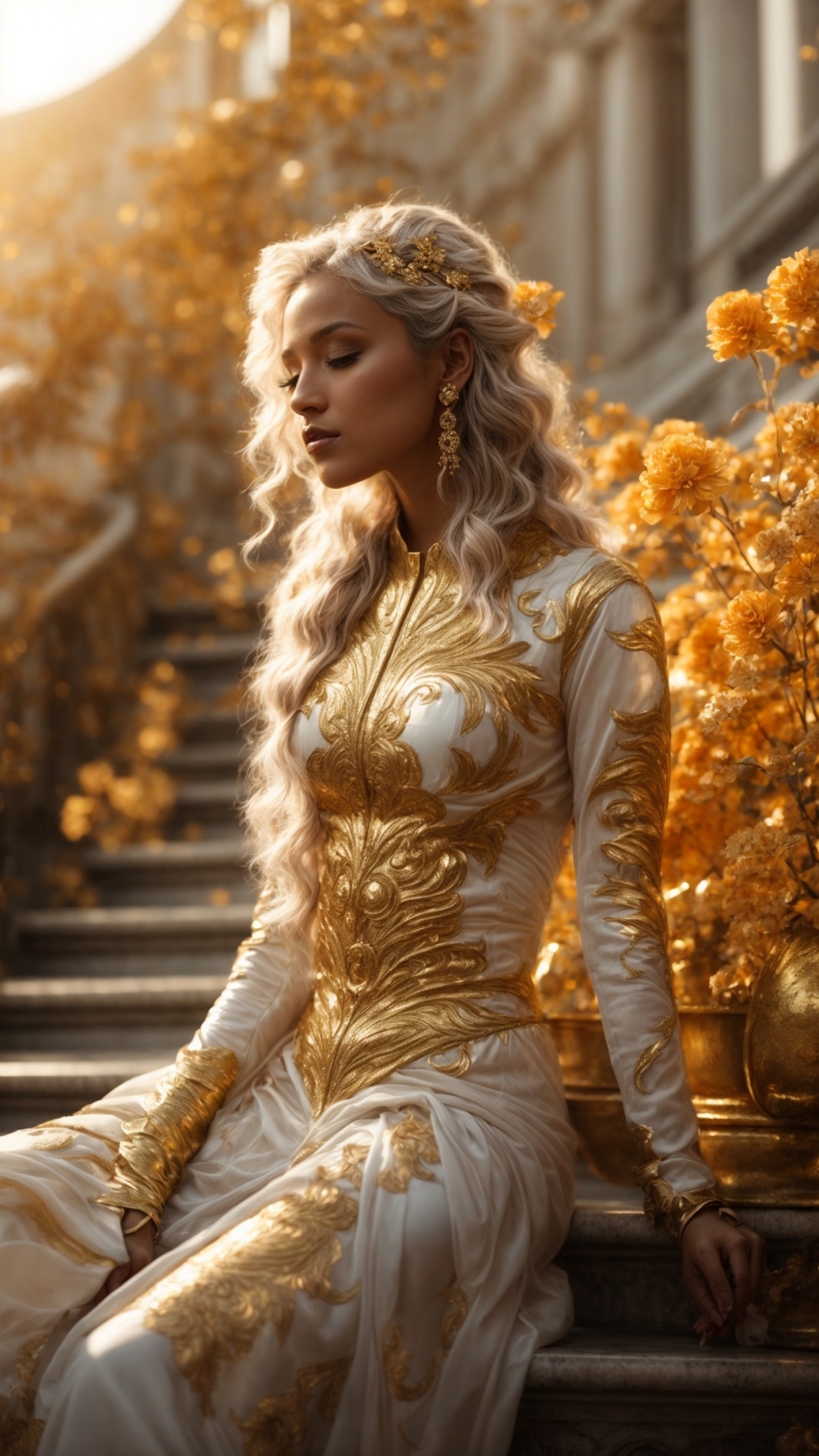 Blonde woman in eden with golden light