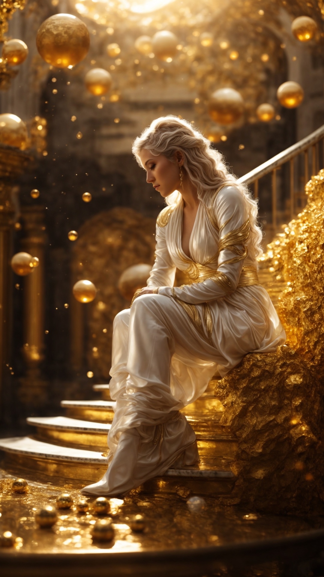 Blonde woman in eden with golden light