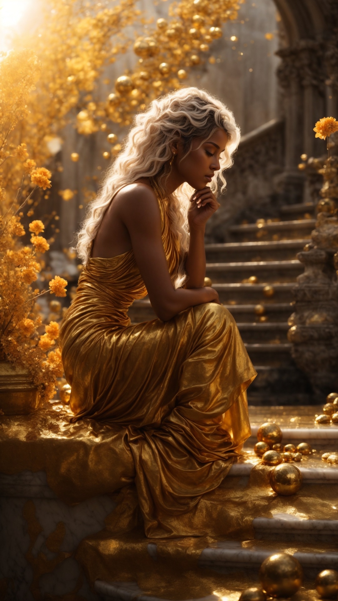 Blonde woman in eden with golden light