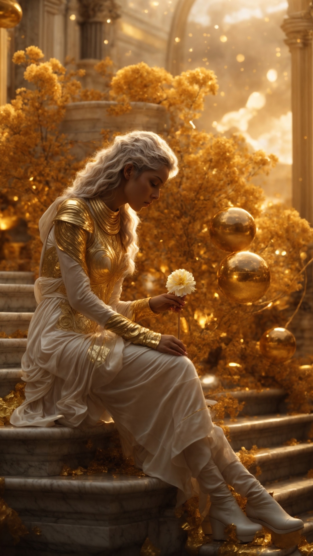 Blonde woman in eden with golden light