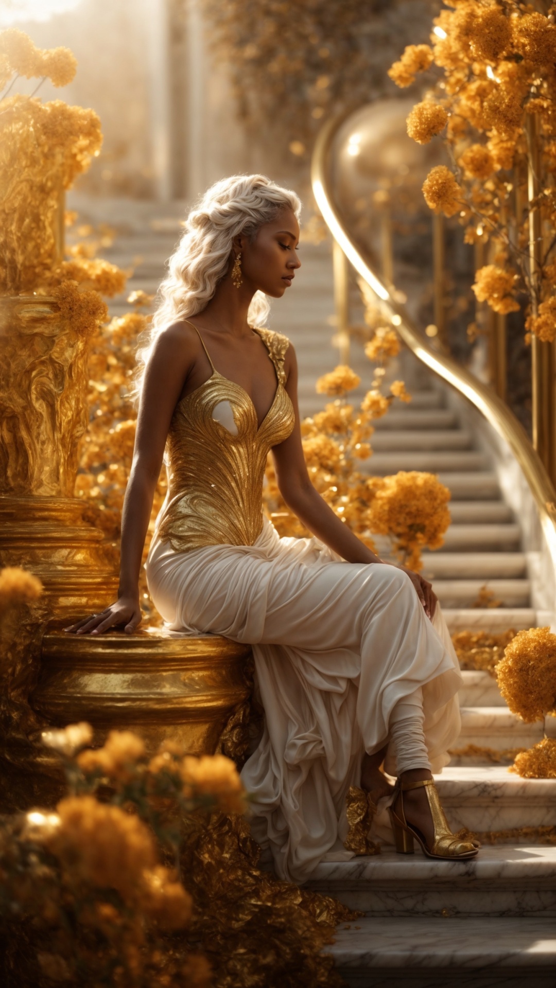 Blonde woman in eden with golden light