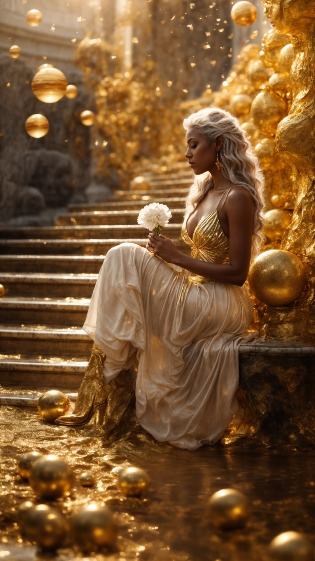 Blonde woman in eden with golden light