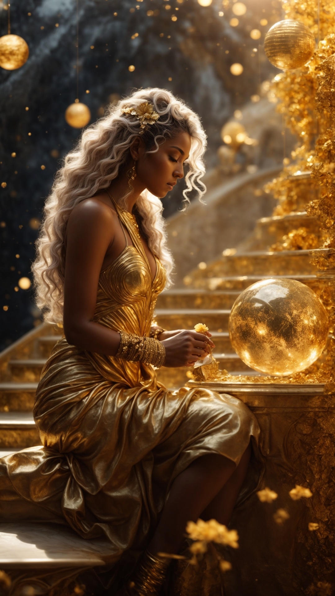 Blonde woman in eden with golden light