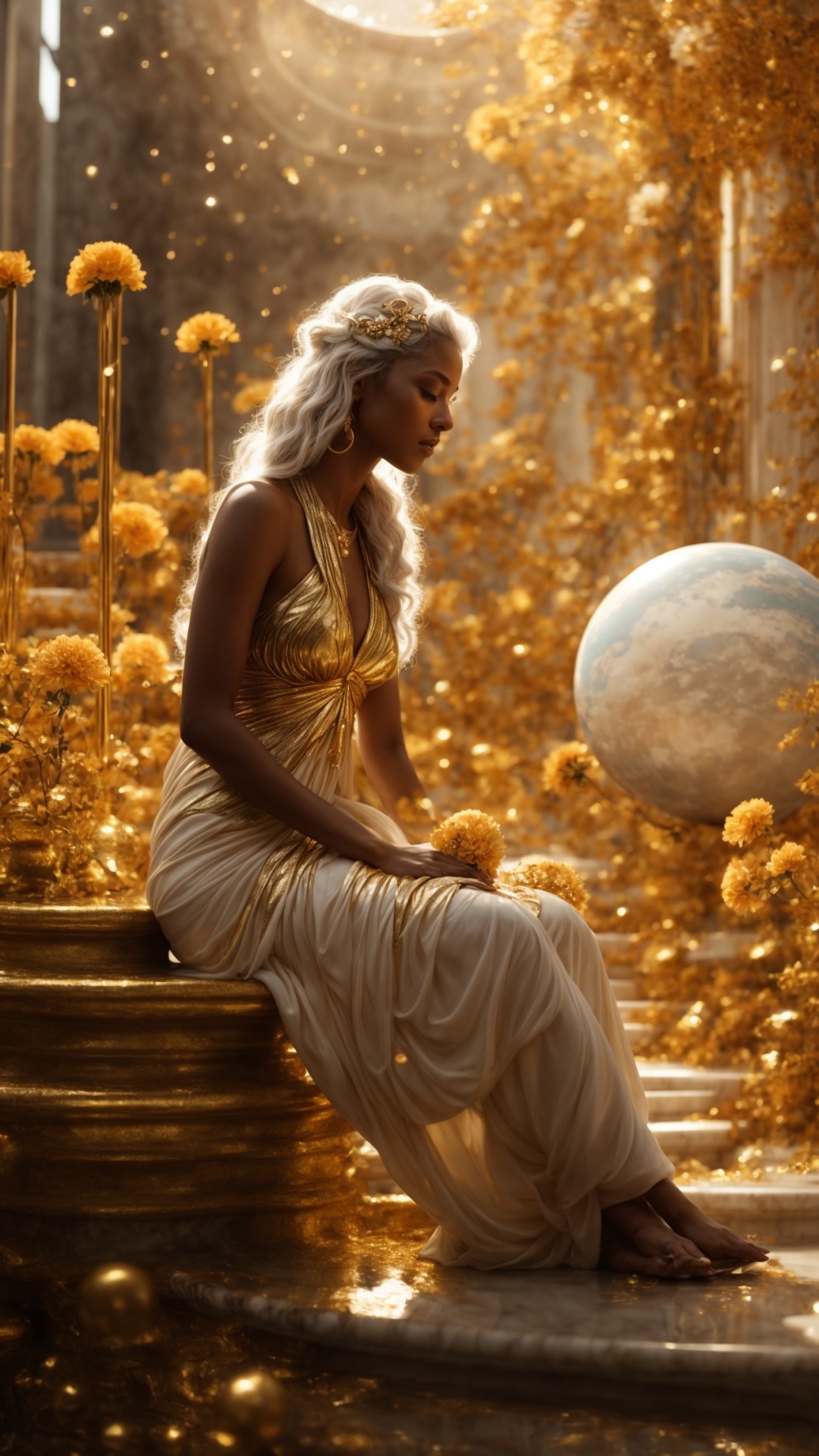 Blonde woman in eden with golden light