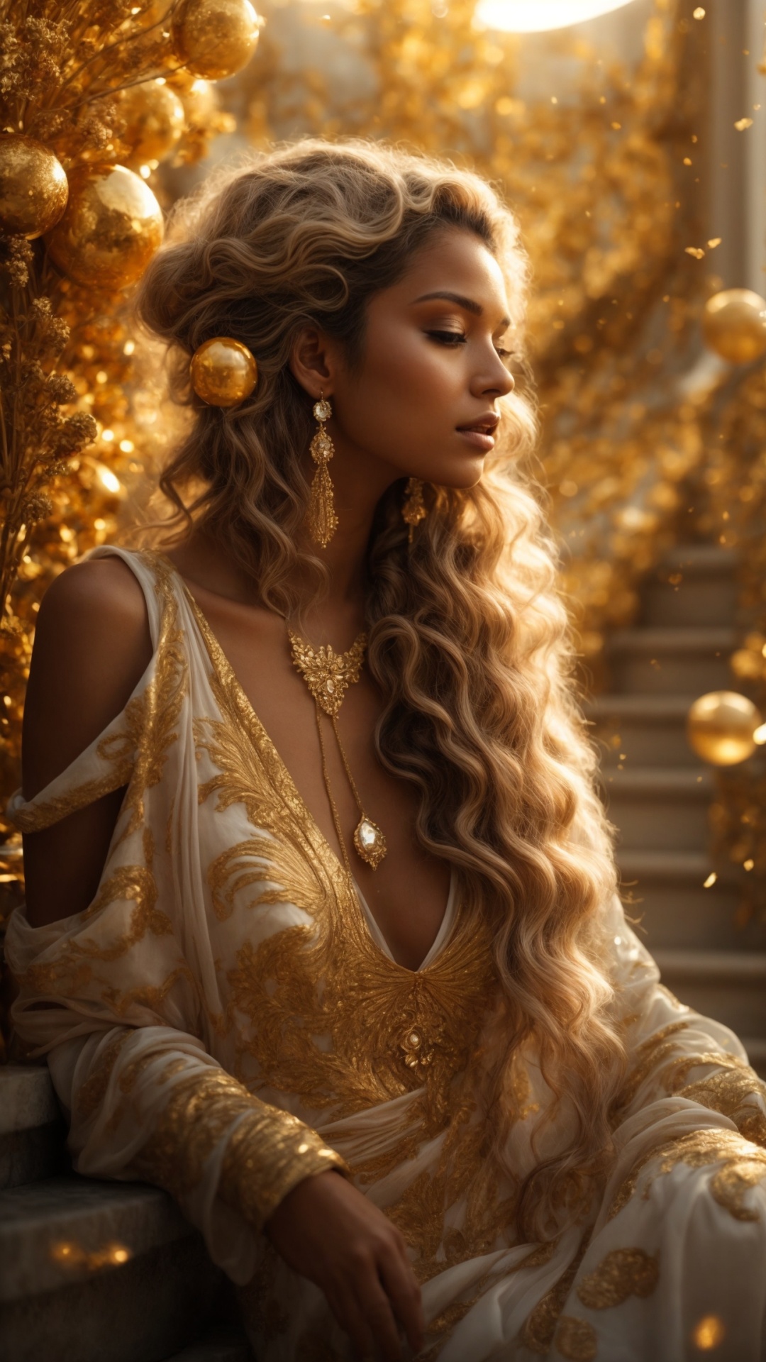 Blonde woman in eden with golden light
