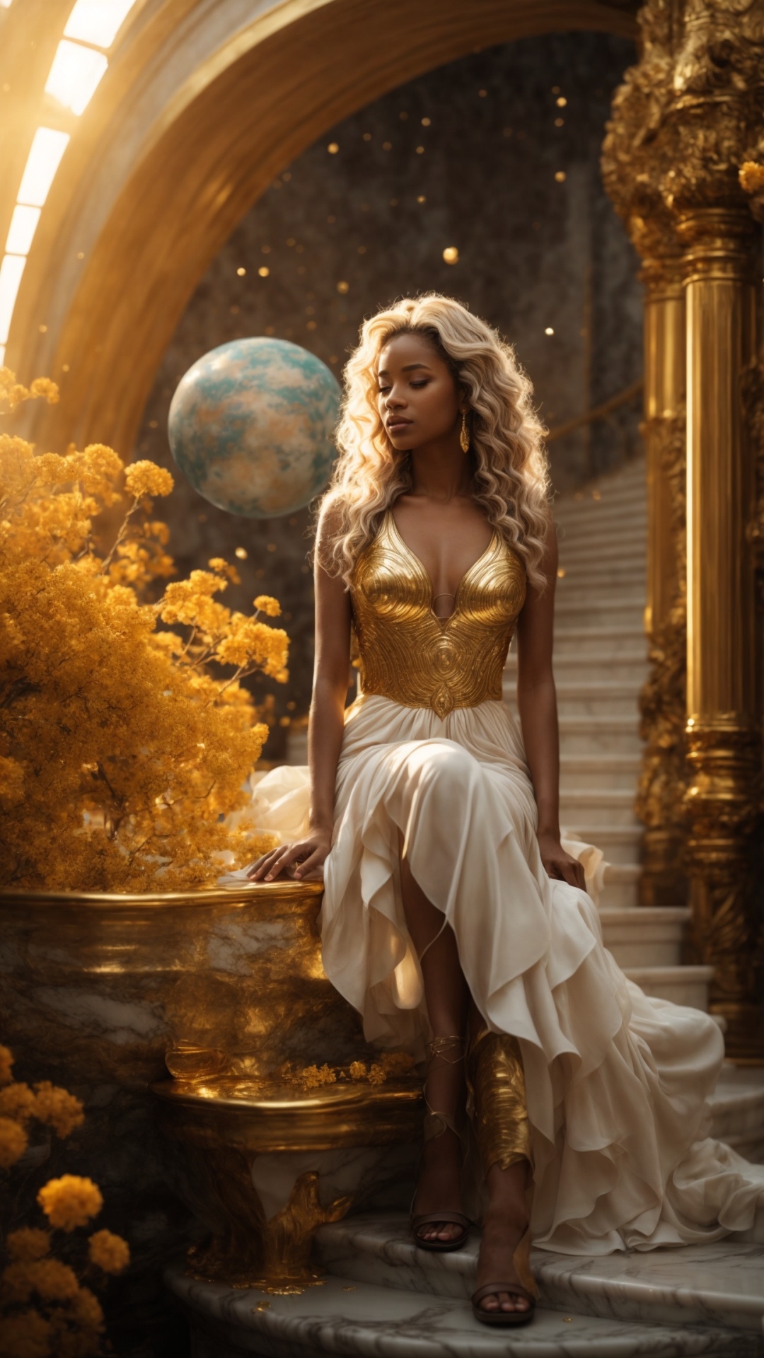 Blonde woman in eden with golden light