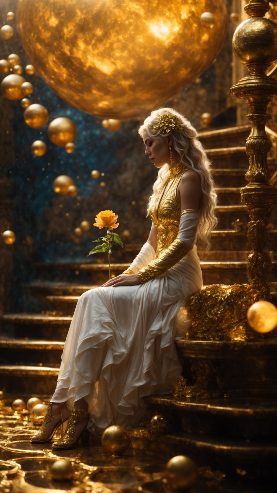 Blonde woman in eden with golden light