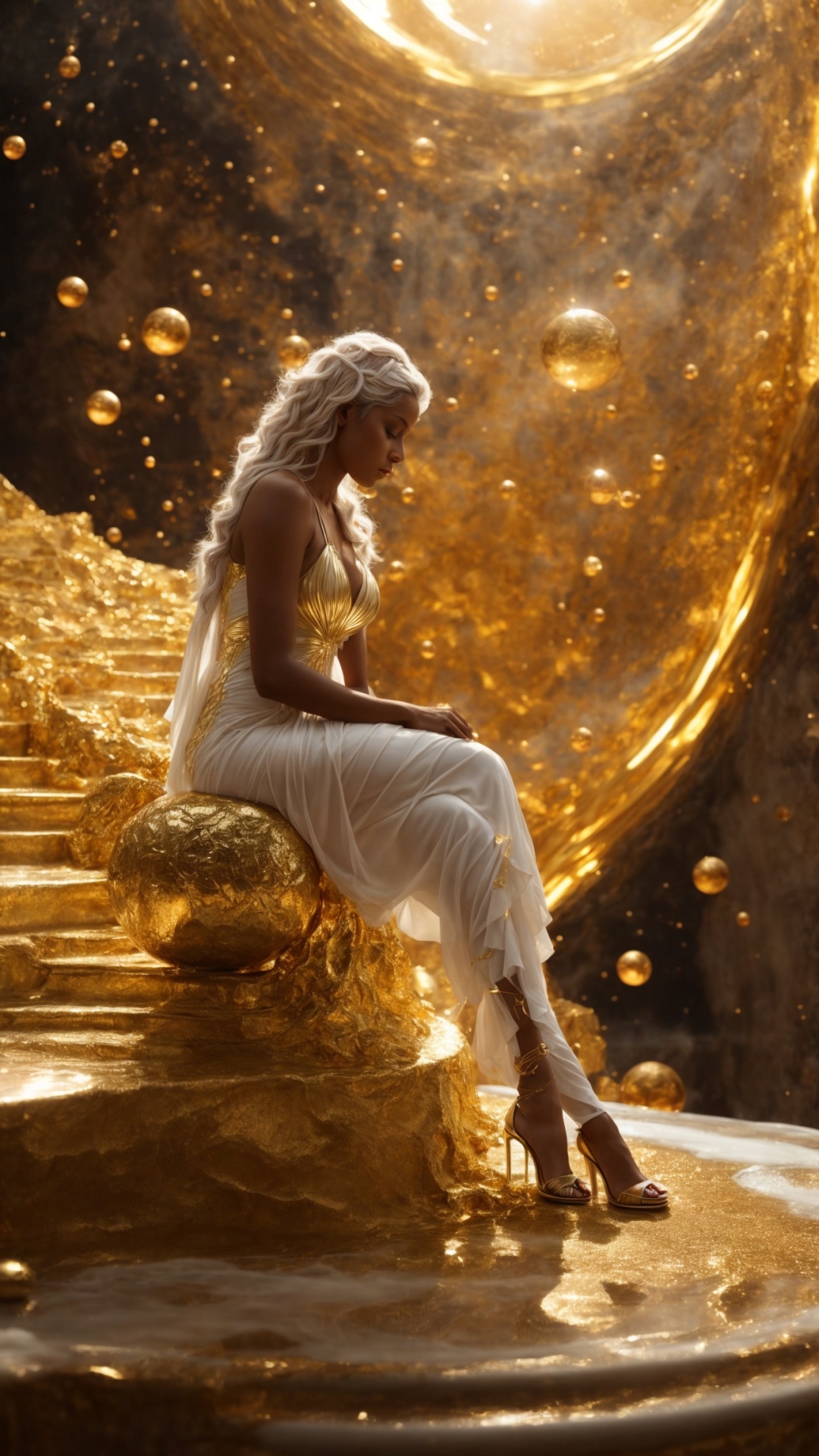 Blonde woman in eden with golden light