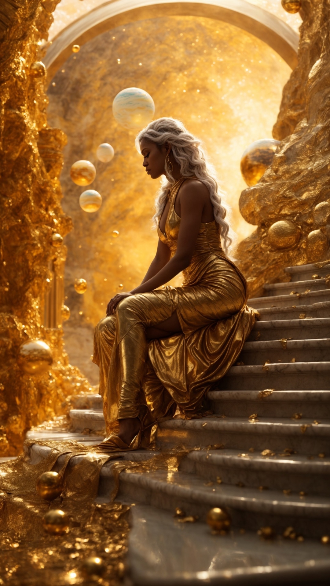 Blonde woman in eden with golden light
