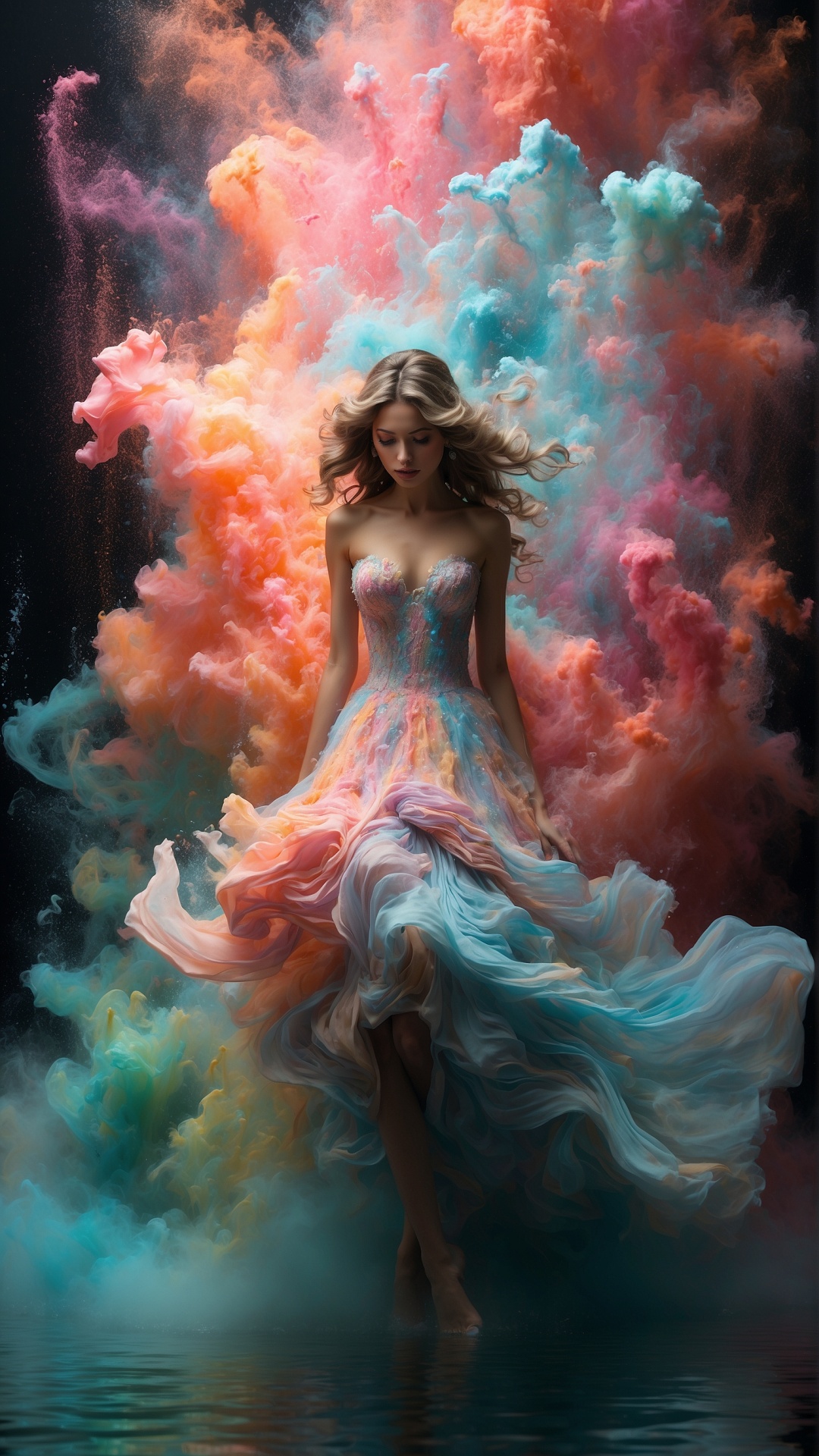 Blonde woman in abstract dust explosion