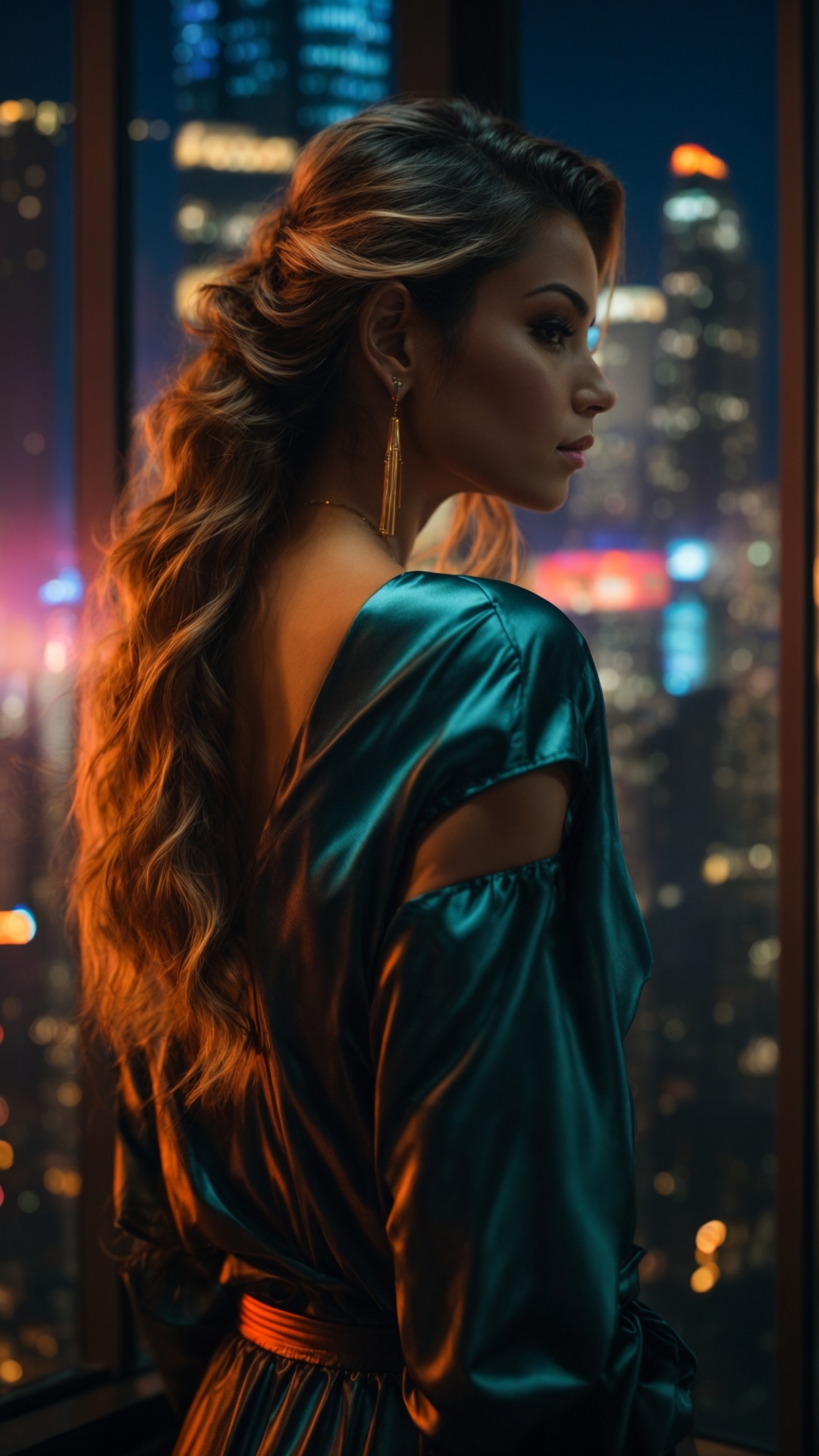 Brunette woman looking at the city with skyscraper at night