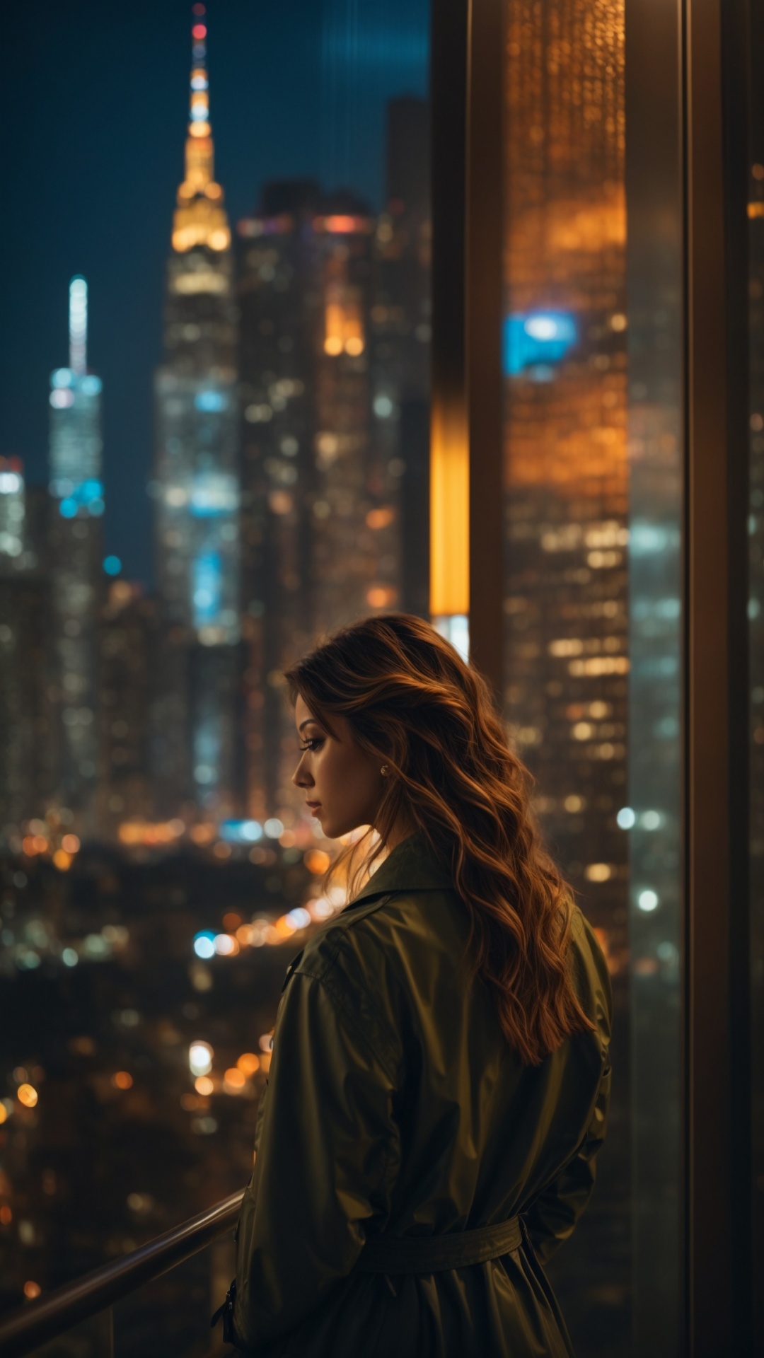 Brunette woman looking at the city with skyscraper at night