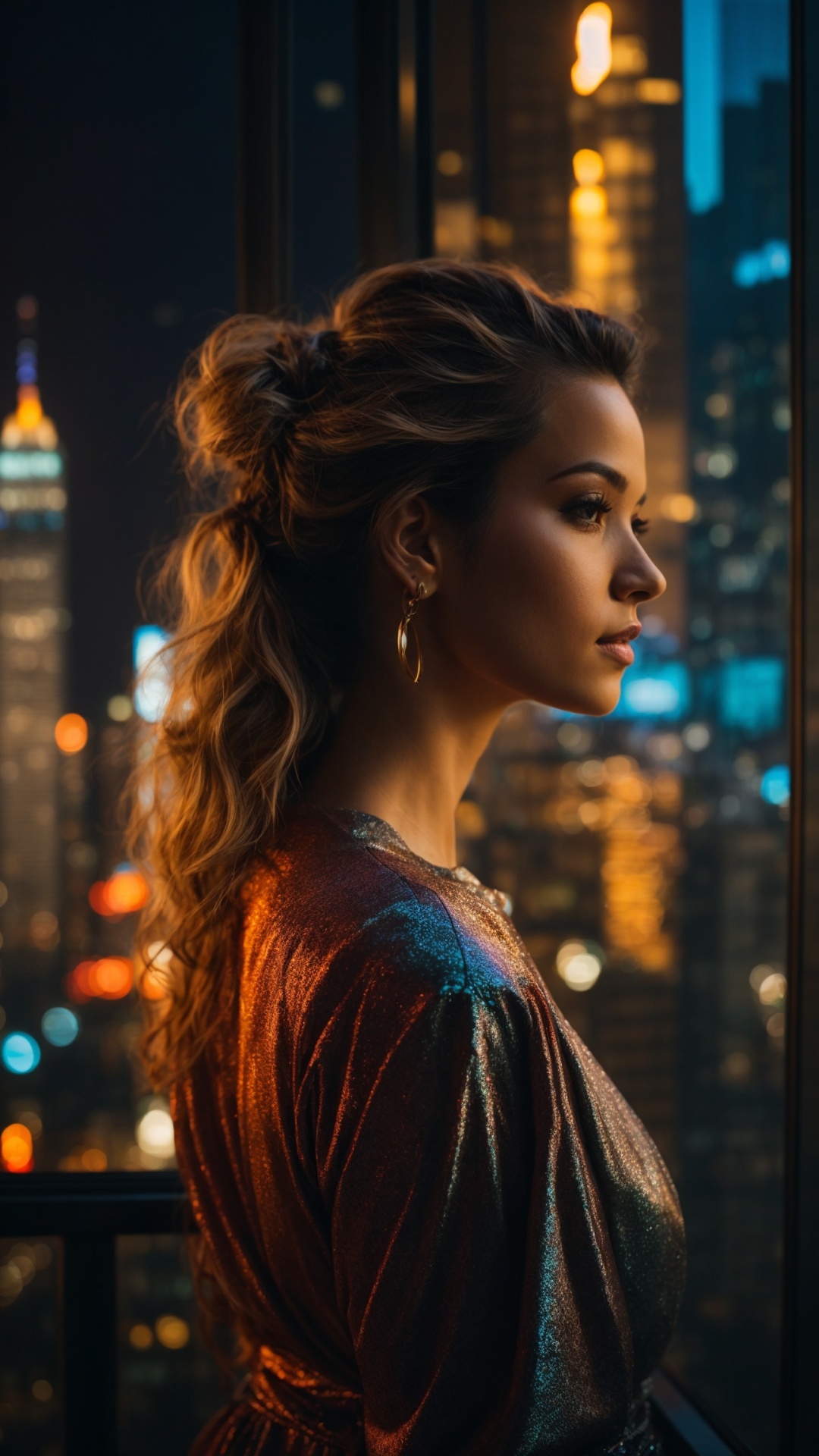 Brunette woman looking at the city with skyscraper at night